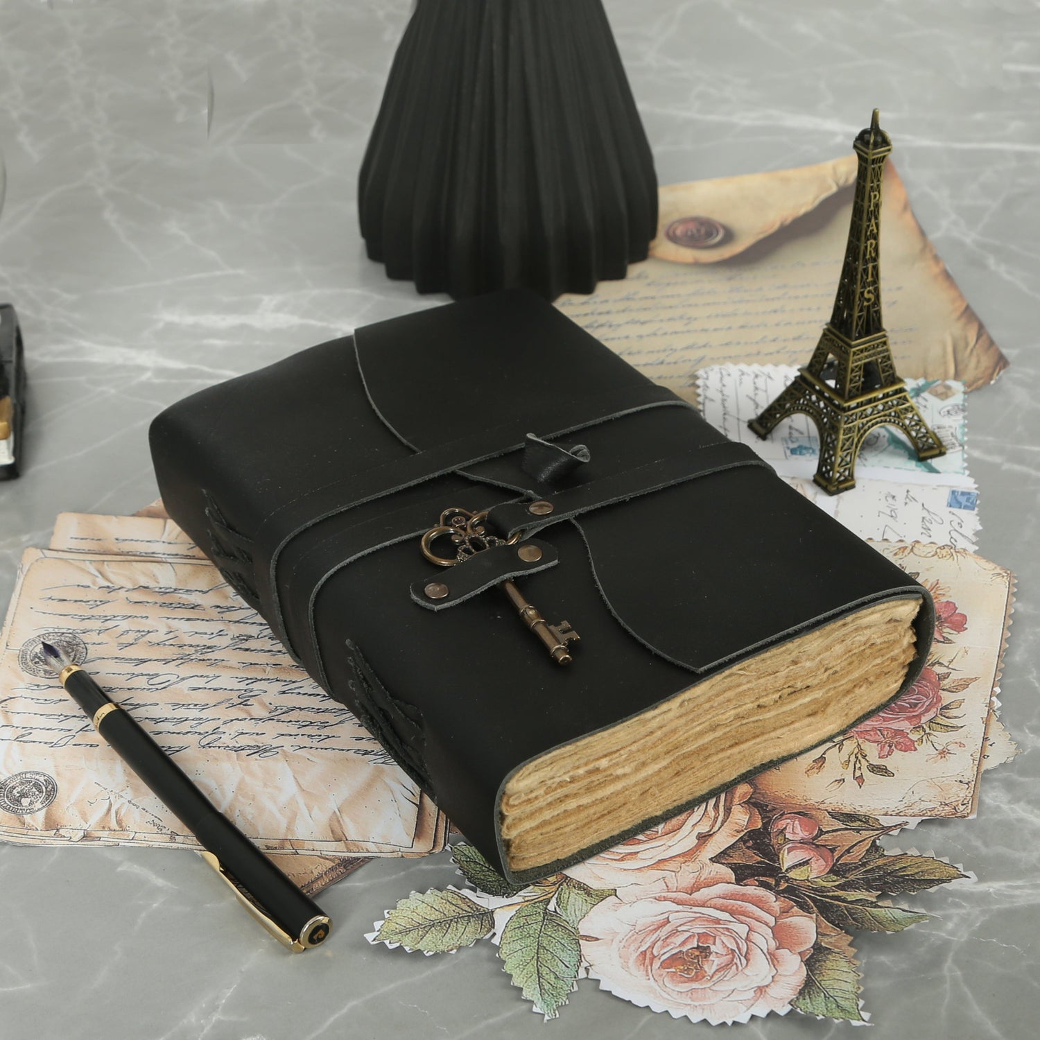 Leather Journal with unlined Deckle Edge Paper Vintage Key/ Handmade Writing Notebook Diary/ Bound Daily Notepad for Men & Women (Black)