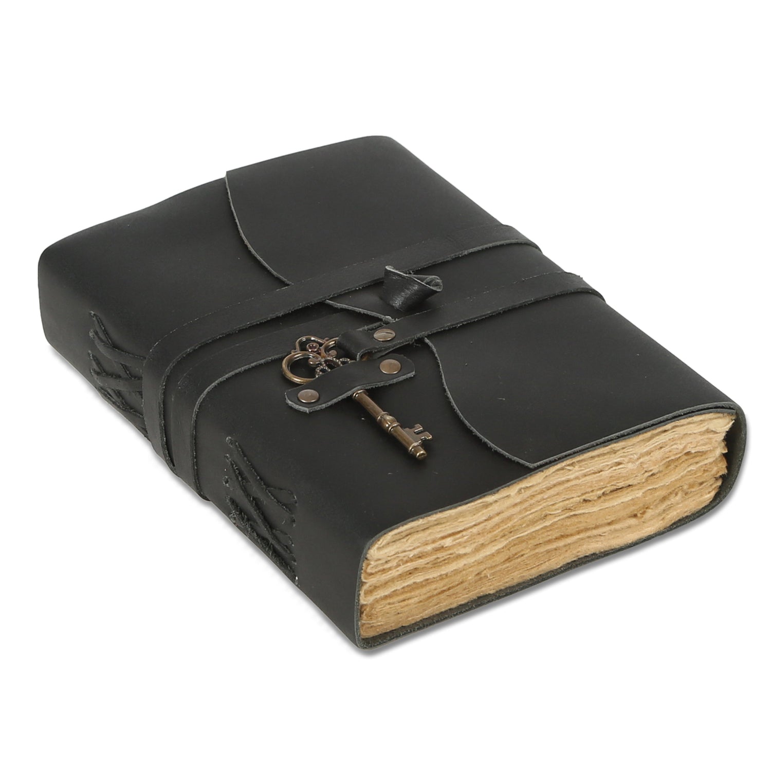 Leather Journal with unlined Deckle Edge Paper Vintage Key/ Handmade Writing Notebook Diary/ Bound Daily Notepad for Men & Women (Black)