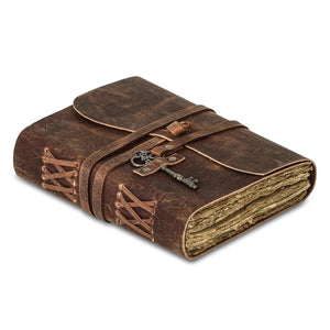 Vintage brown leather journal with lined deckle edge paper and key clasp for artists and writers