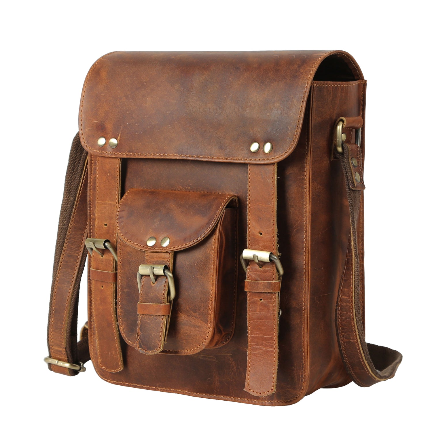 KomalC Genuine Leather 11 Inch Crossbody Satchel Bag – Vertical Shoulder Bag with Front Pocket, Zipper Compartments & Tablet Sleeve | Handmade Small Messenger Purse for Men & Women