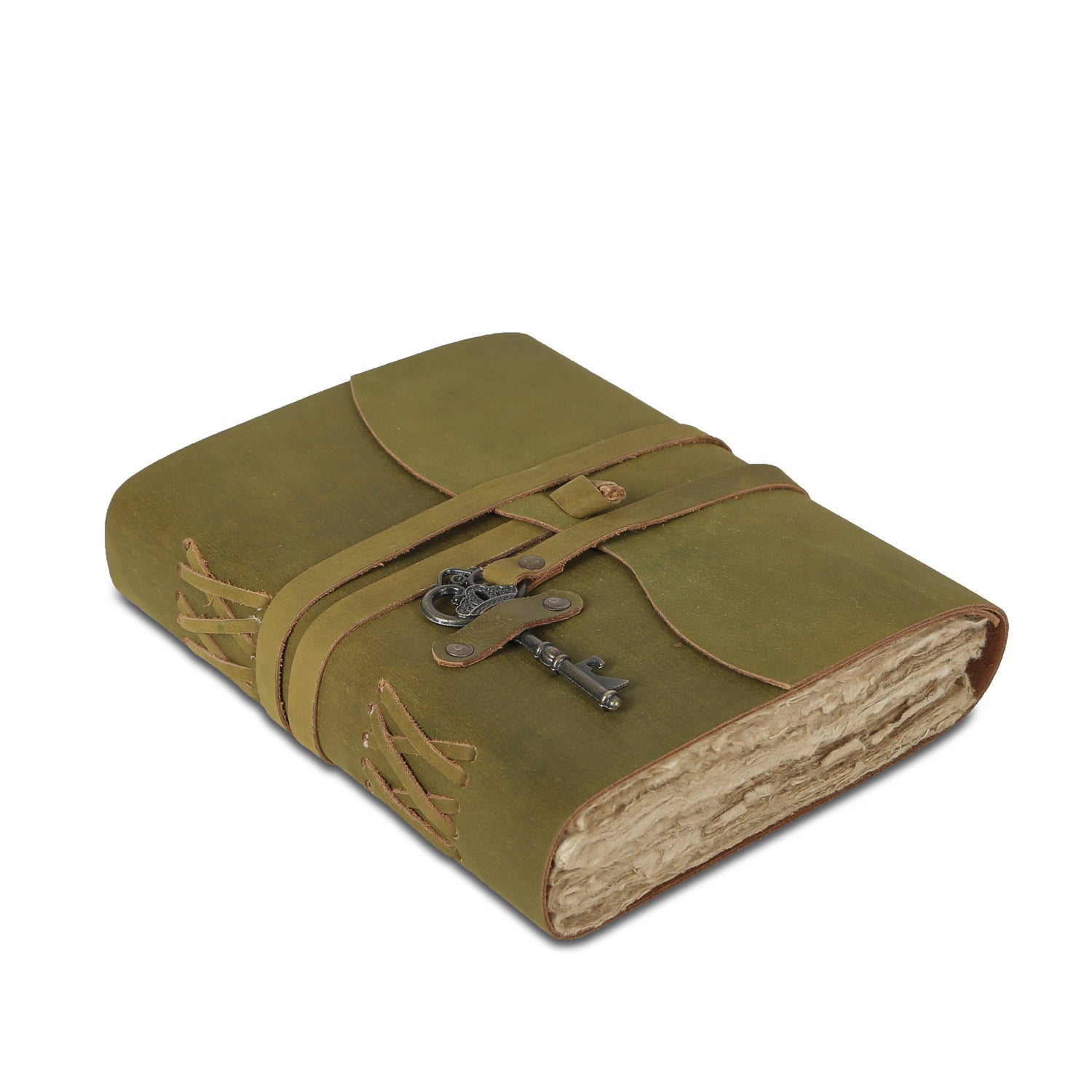 Leather Journal with unlined Deckle Edge Paper Vintage Key/ Handmade Writing Notebook Diary/ Bound Daily Notepad for Men & Women (Light Green)