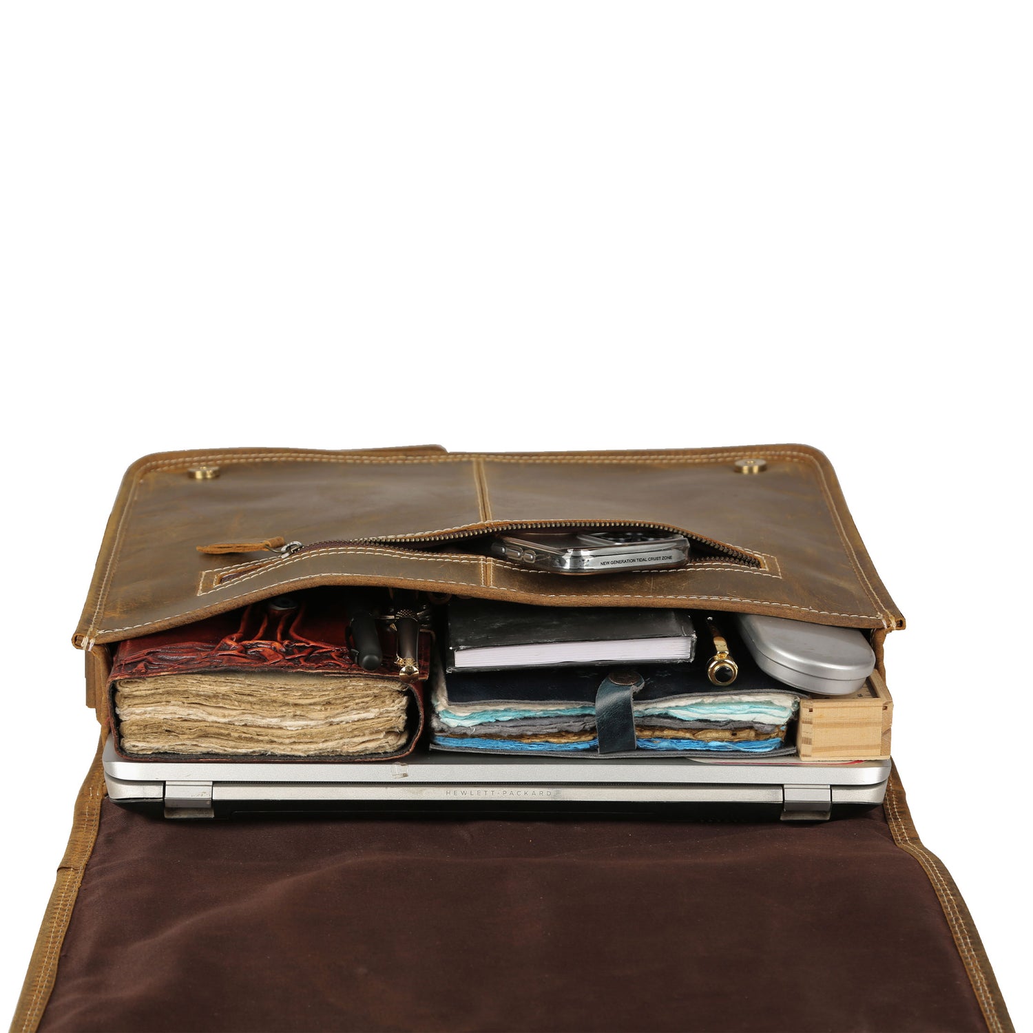 16 Inch Leather Messenger Bag for Men & Women – Vintage Laptop Satchel with Trolley Strap & Shoulder Strap – Fits 15.6" Laptop