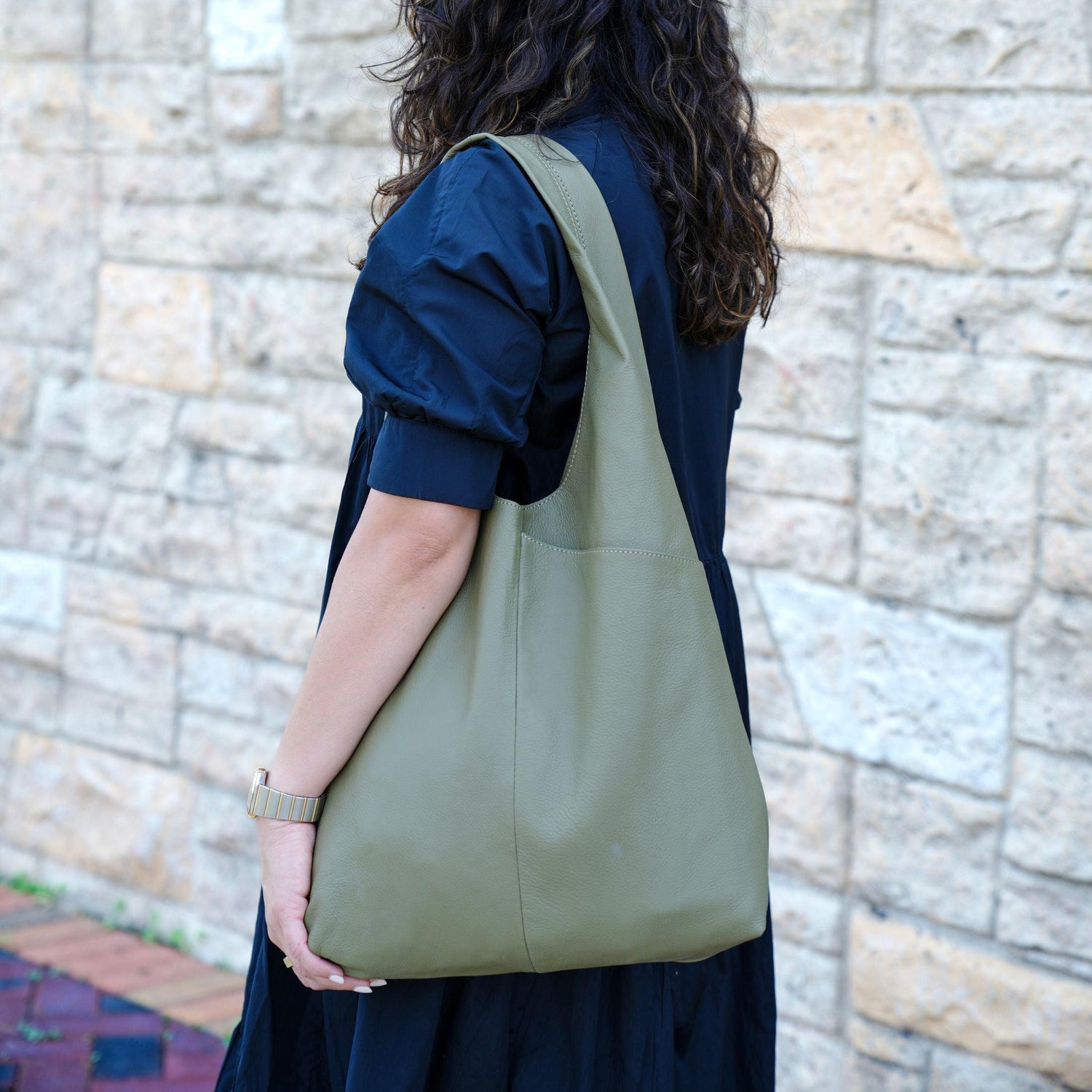 leather tote bag in olive green color