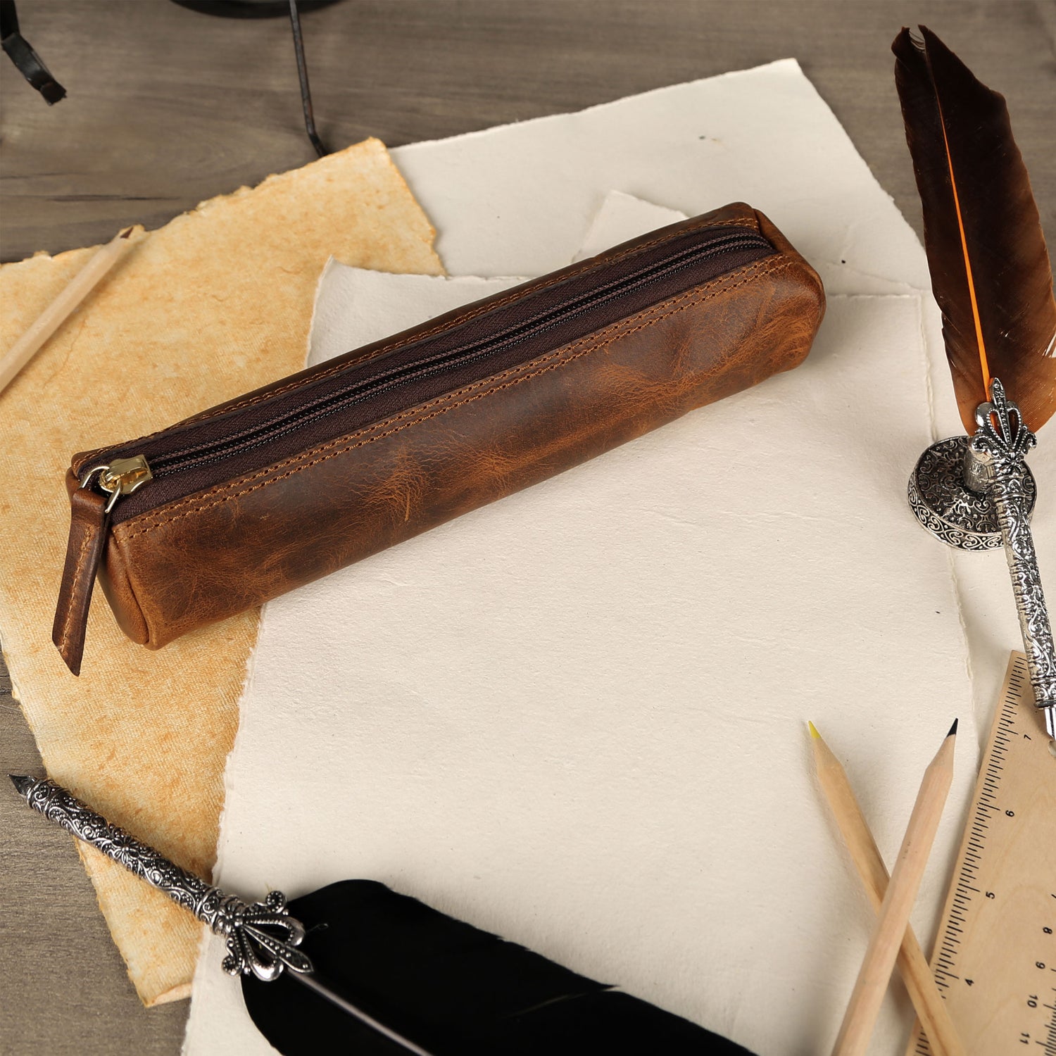 Vintage Leather Pencil Case – Handmade 9” Zipper Pouch for Office, School, or Travel | Slim Leather Organizer for Pens & Accessories