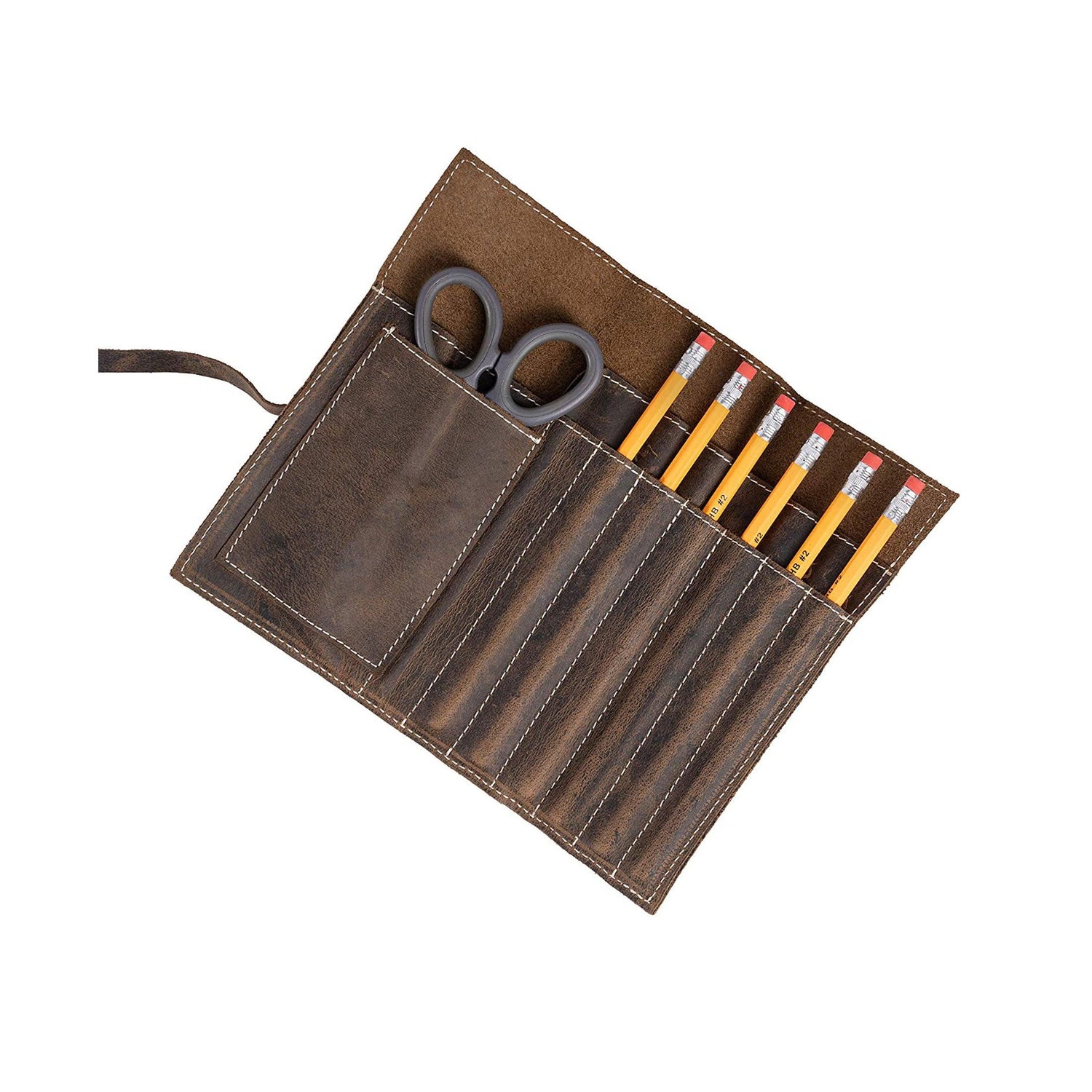 Vintage leather pen and pencil pouch with multiple compartments for artists and students