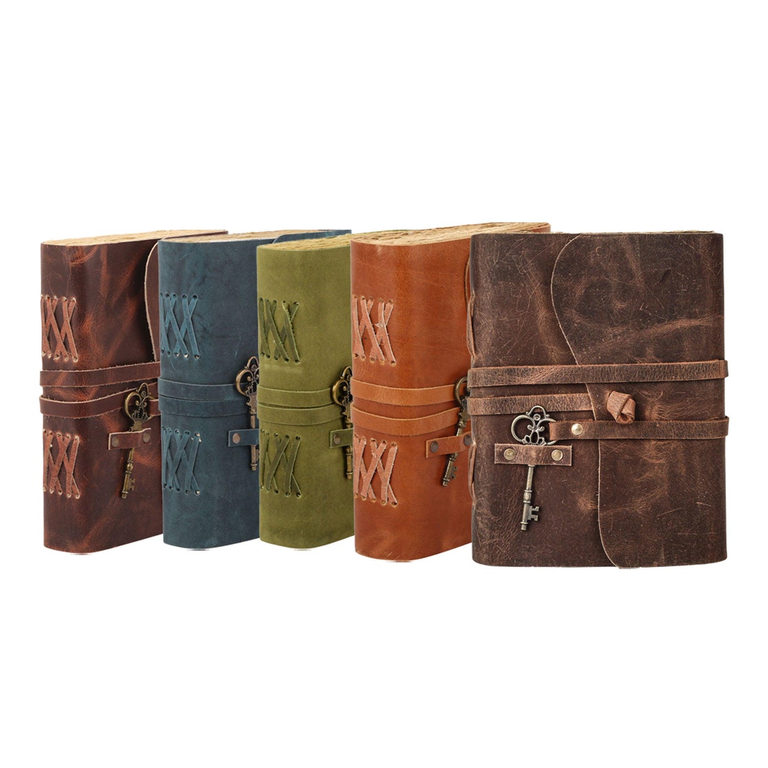 Color options in Leather journal which has wrap closure and vintage key