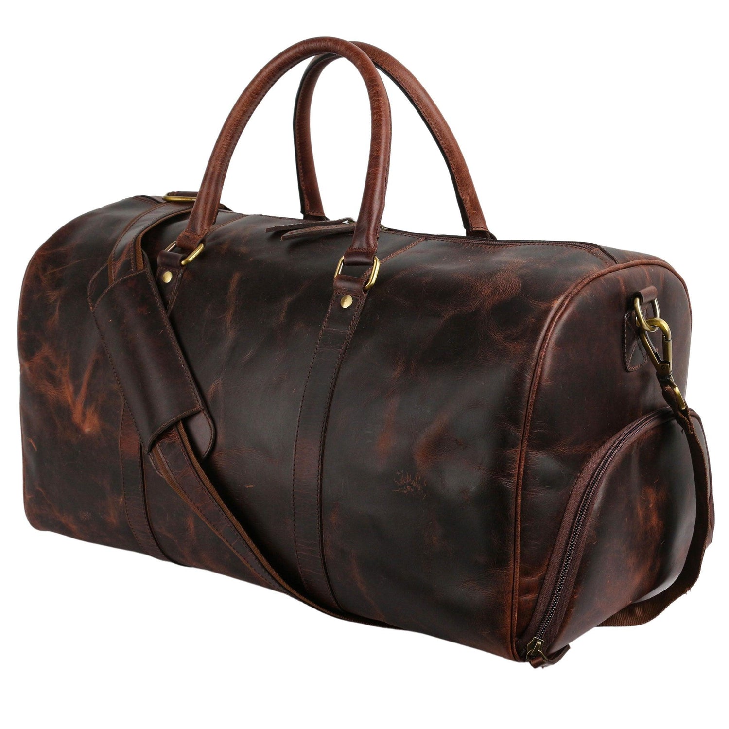 21-inch full-grain leather duffel bag with adjustable and detachable strap and sturdy handle
