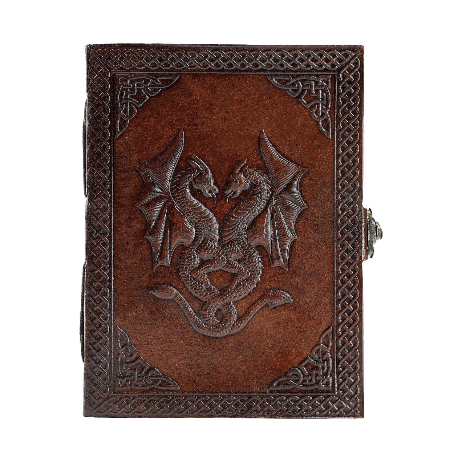 Vintage Leather brown journal for men and women with embossed dragon design on the cover