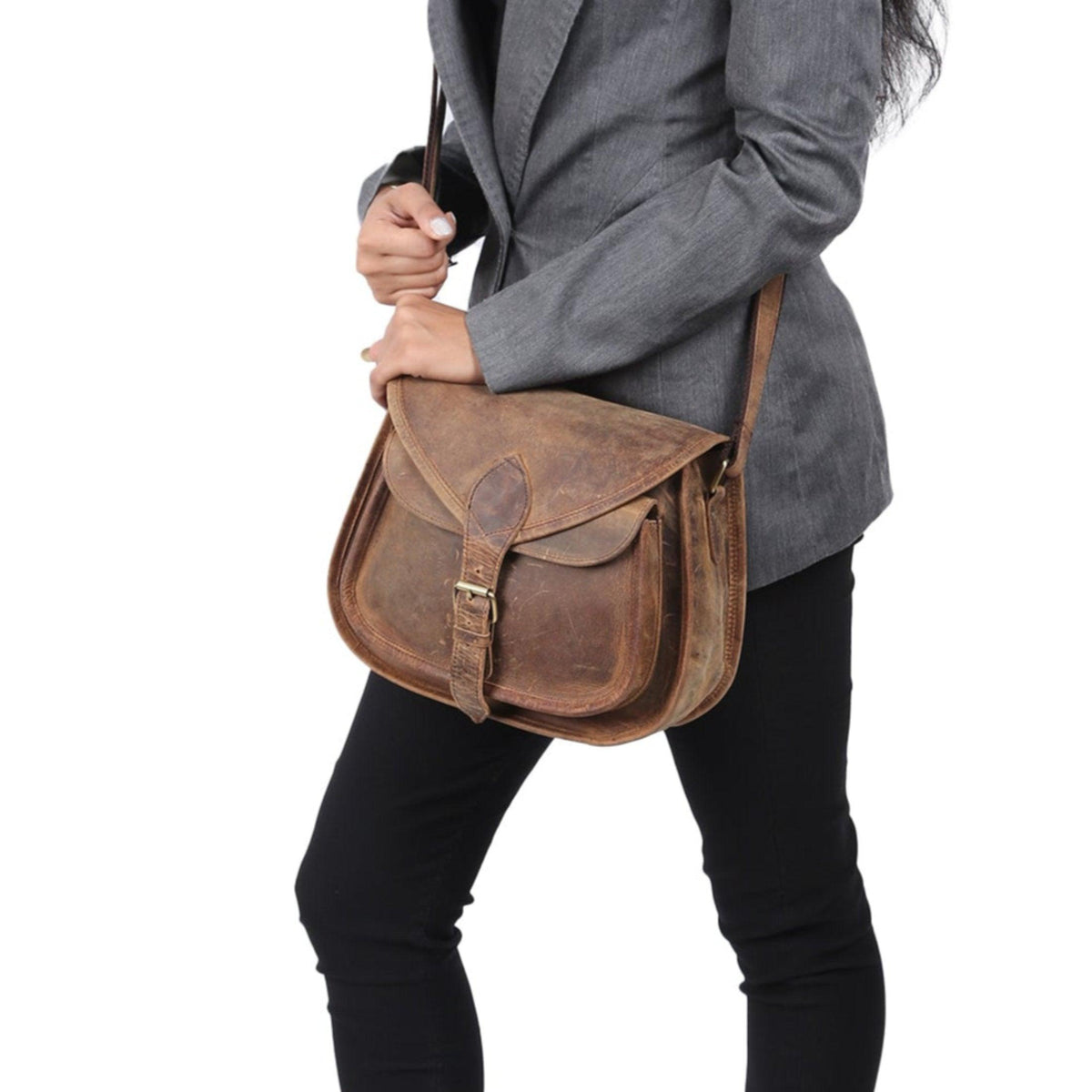 Handmade Genuine Buff Leather Crossbody Bag For Women - Small Shoulder Purse With Adjustable Strap - View #3