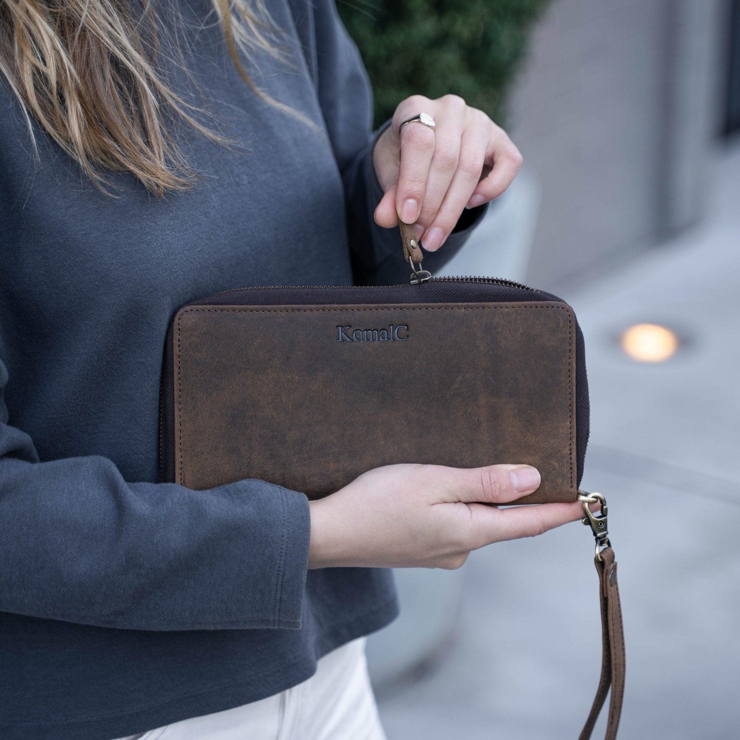 Distressed tan leather evening bag
