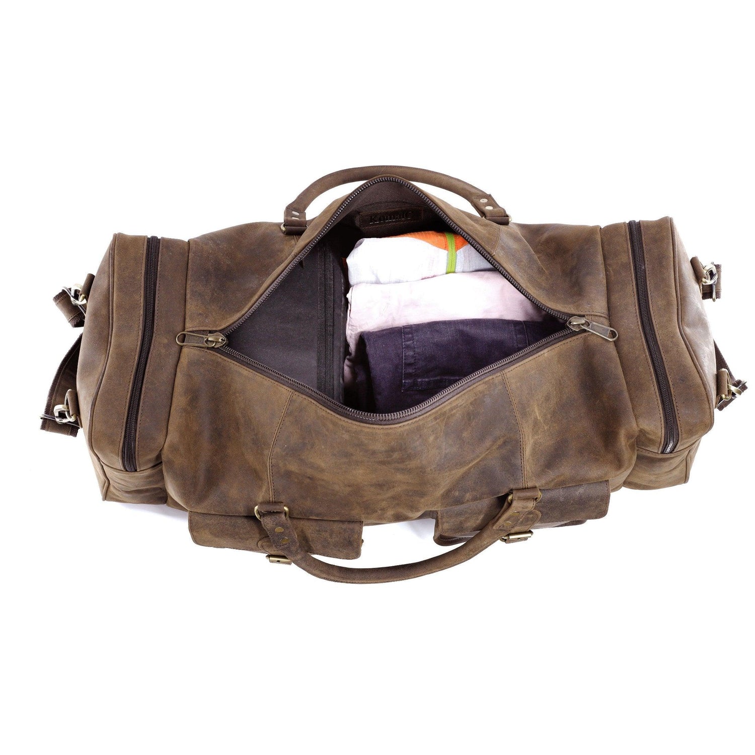 spacious 28-inch buffalo leather duffel bag