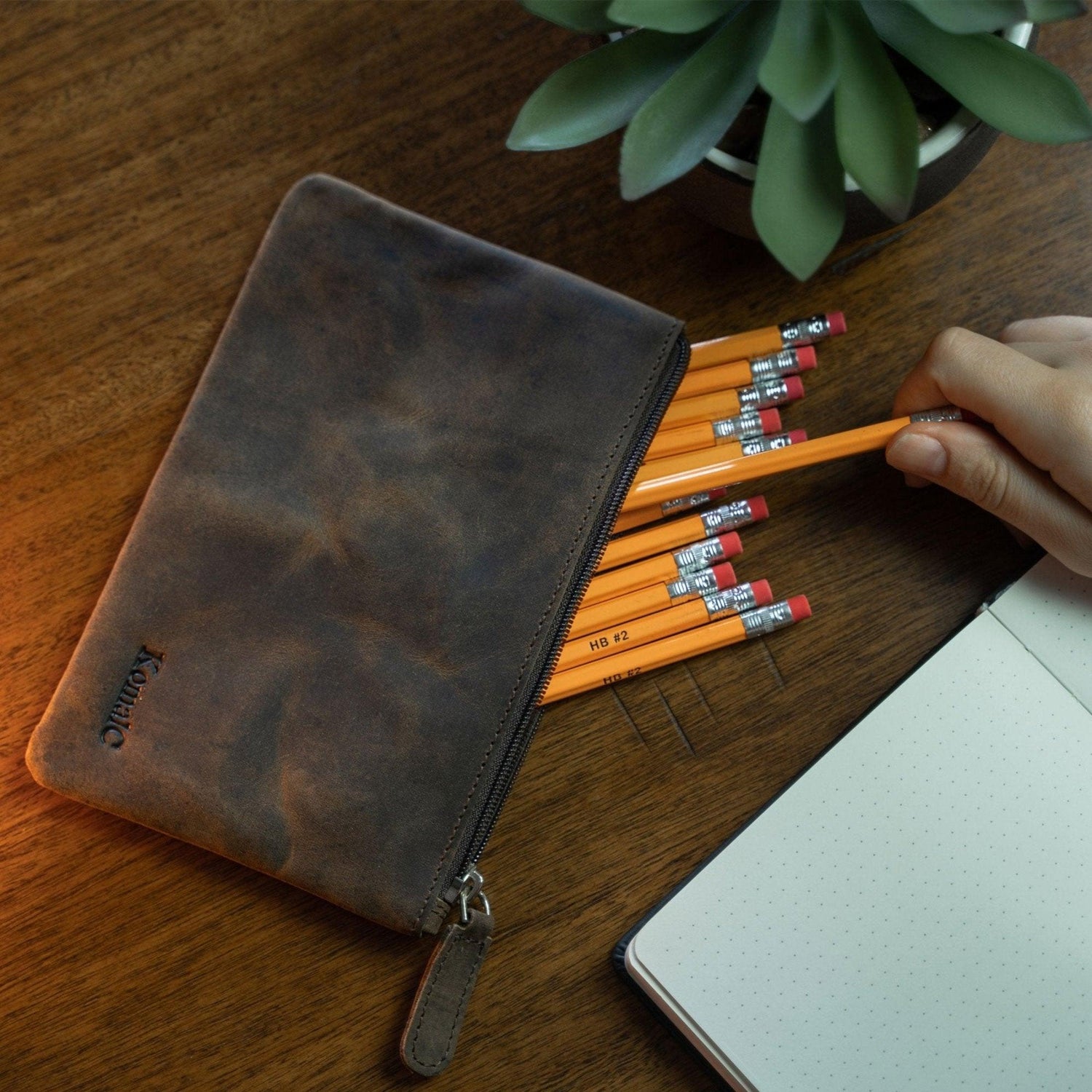 Handcrafted leather zippered pencil pouch