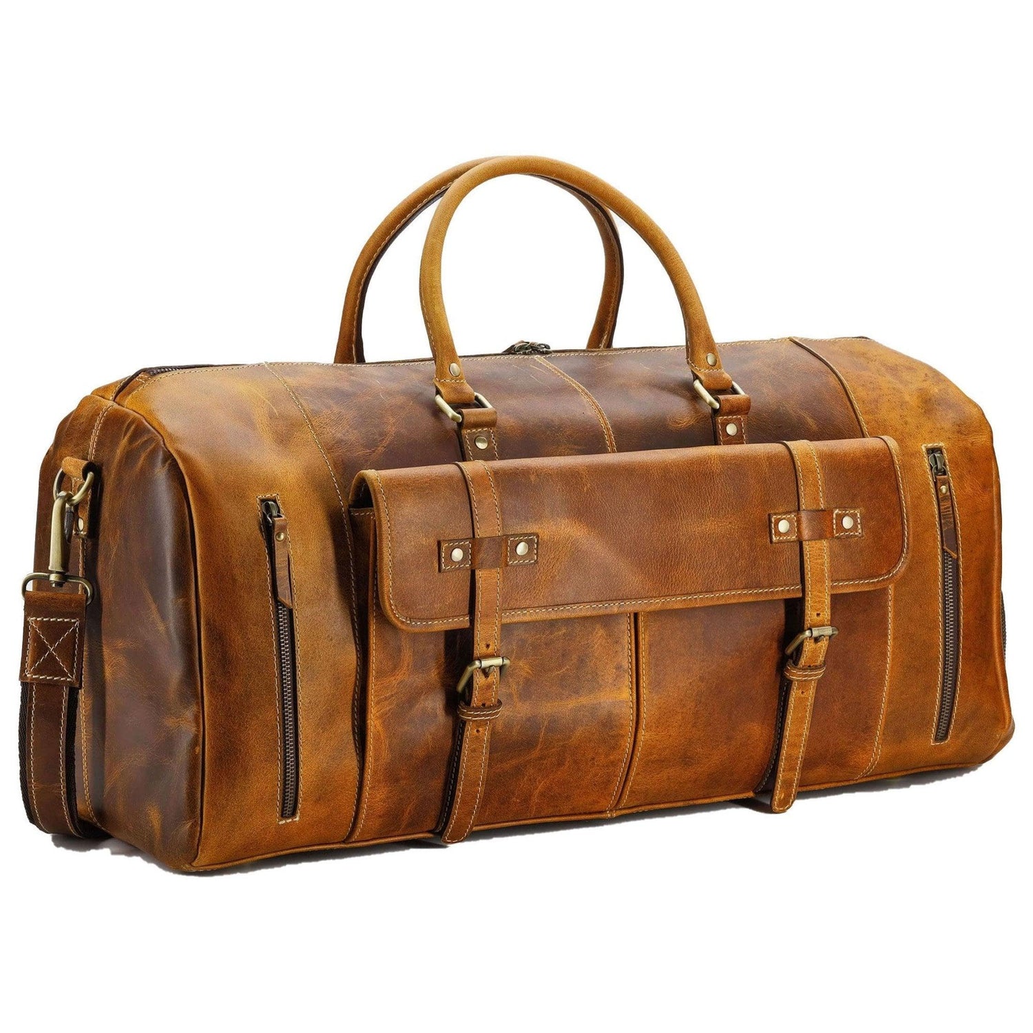 Full Grain Leather 24 Inch Leather Duffel Bags for Men and Women with multiple pockets