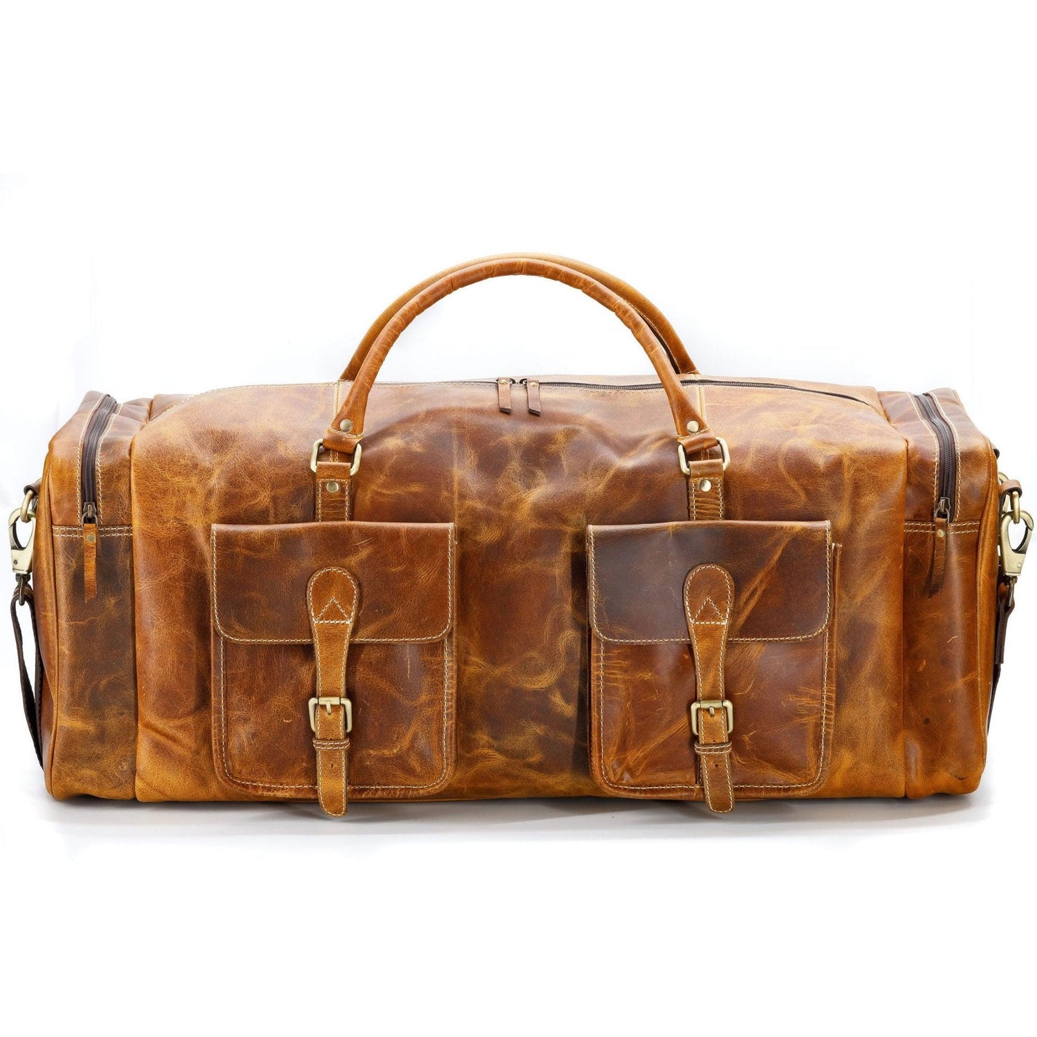 24-inch leather duffel bag with 2 exterior buckled pockets