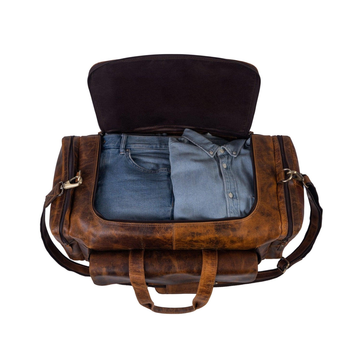 Leather duffel bag for men and women with spacious interior for clothes and travel essentials