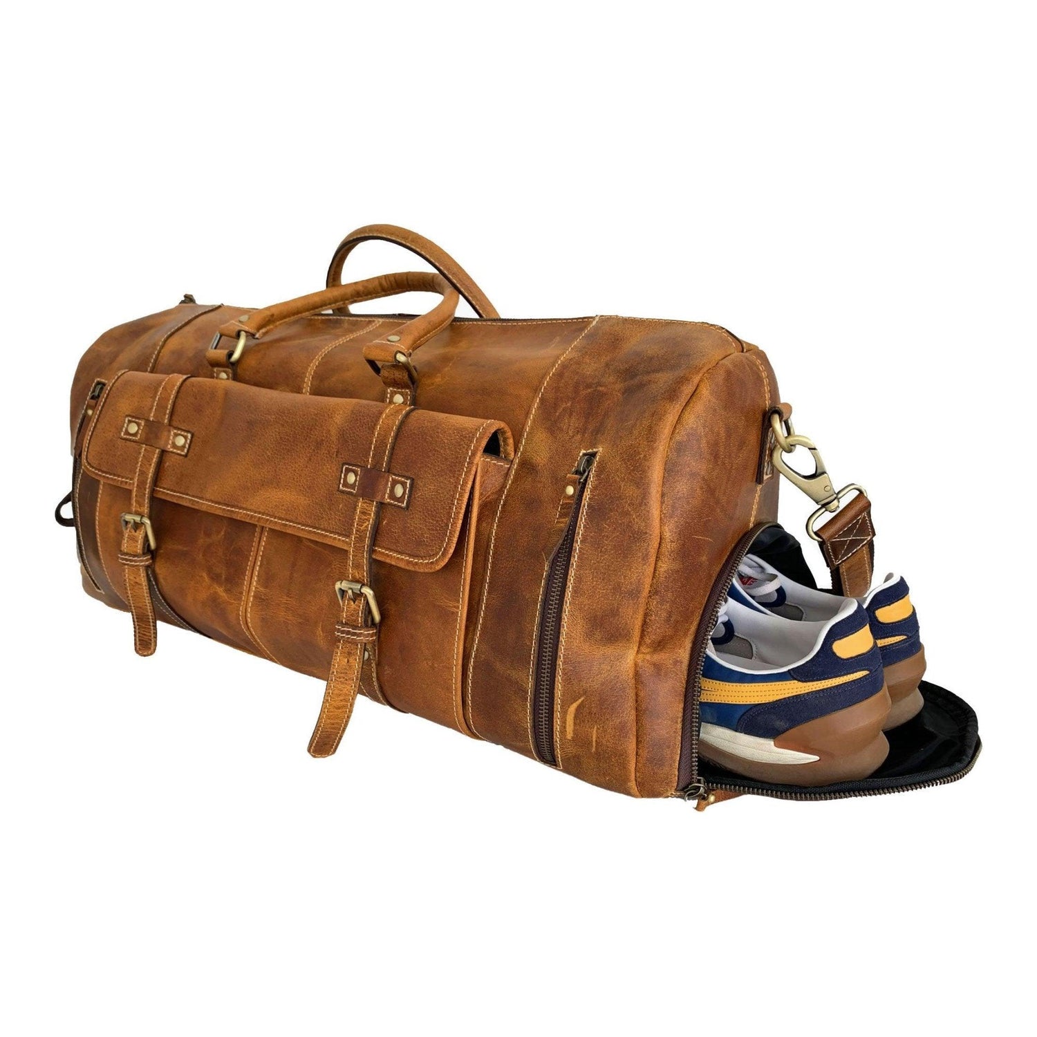 28 Inch Leather Duffel Bags for Men and Women with separate shoe compartment