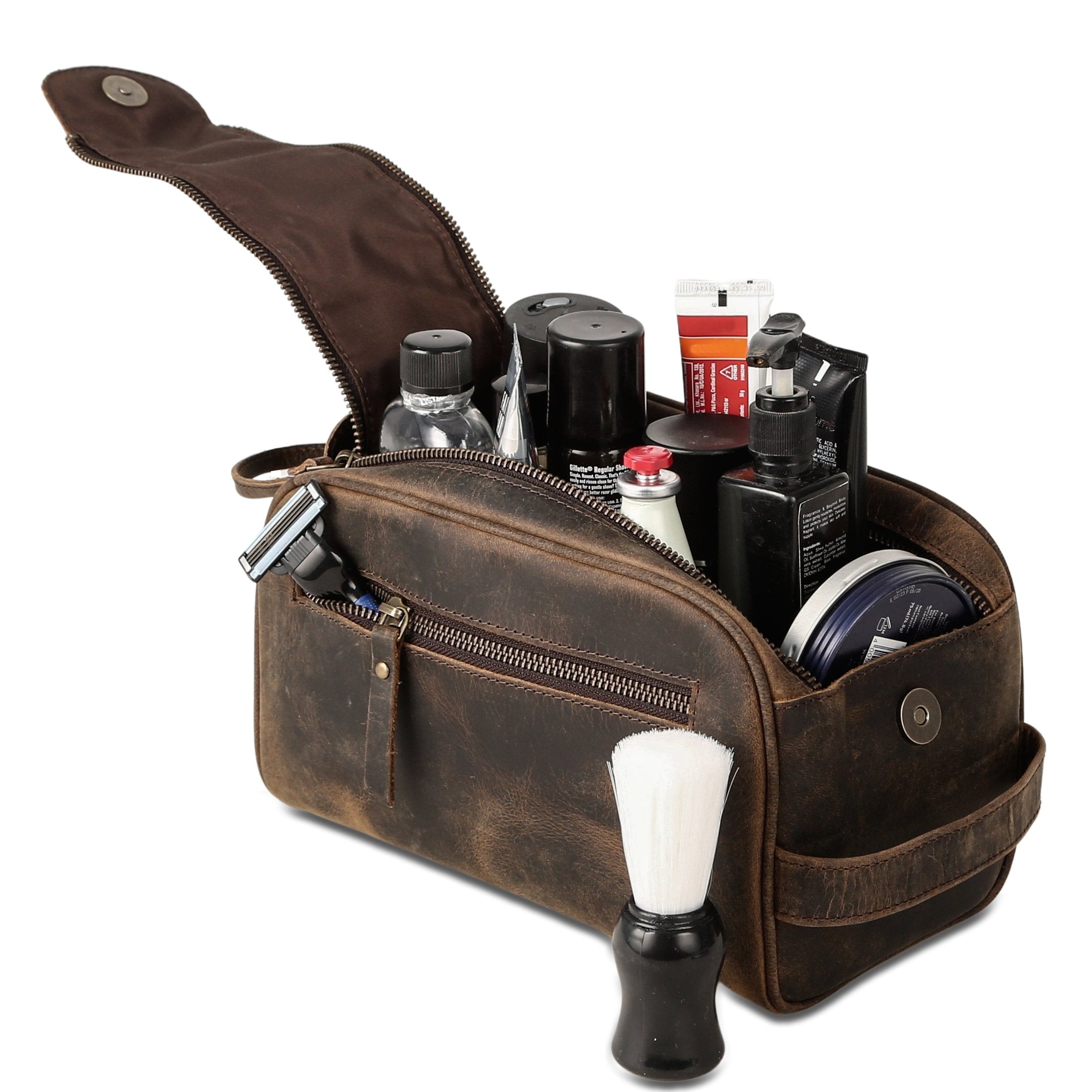 Spacious leather travel pouch with handle
