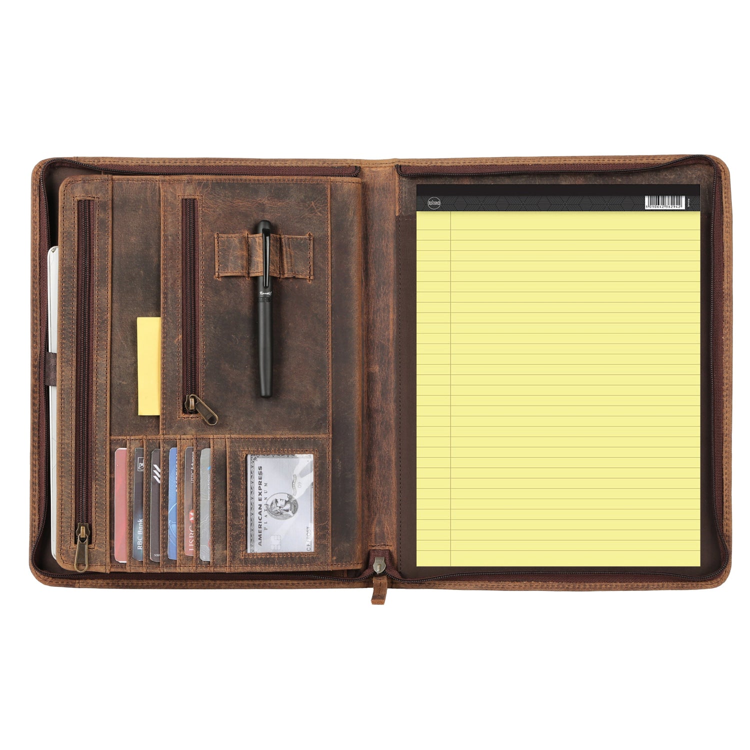 KomalC Leather Portfolio with Zipper Closure | Business Padfolio for Documents, Tablets & Accessories | Vintage Full-Grain Leather Organizer for Professionals