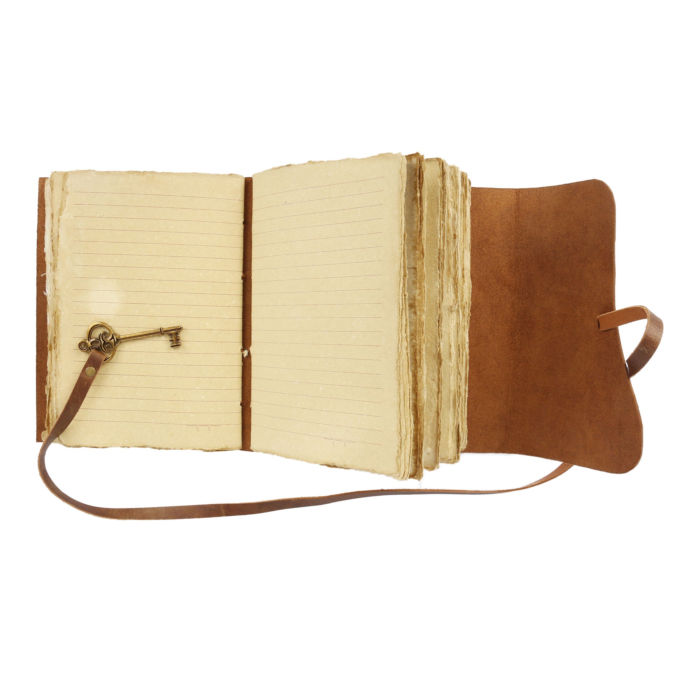 Dimensions of 8x6 inch brown leather journal with key, made with deckle edge paper.
