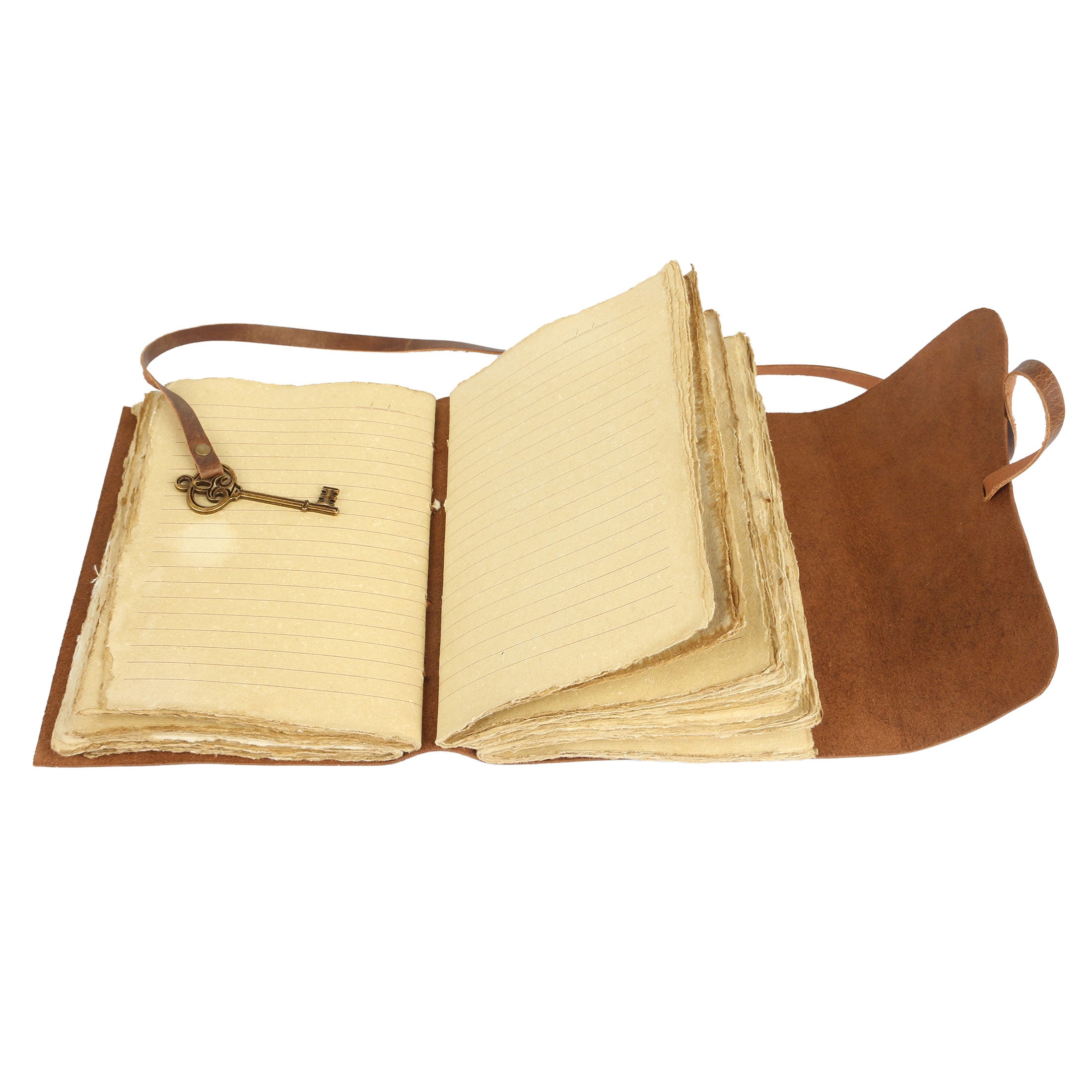 Leather journal with lined deckle edge paper and lock key closure
