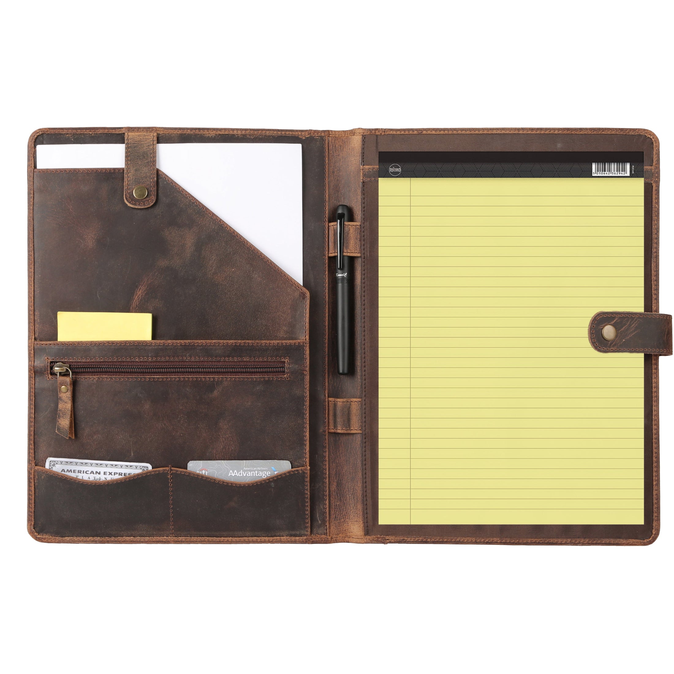 KomalC Leather Portfolio Folder with Button Closure | Business Padfolio for Professionals | Vintage Full-Grain Leather Organizer with Legal Pad Holder, Card Slots & Document Pockets (Distressed Tan)
