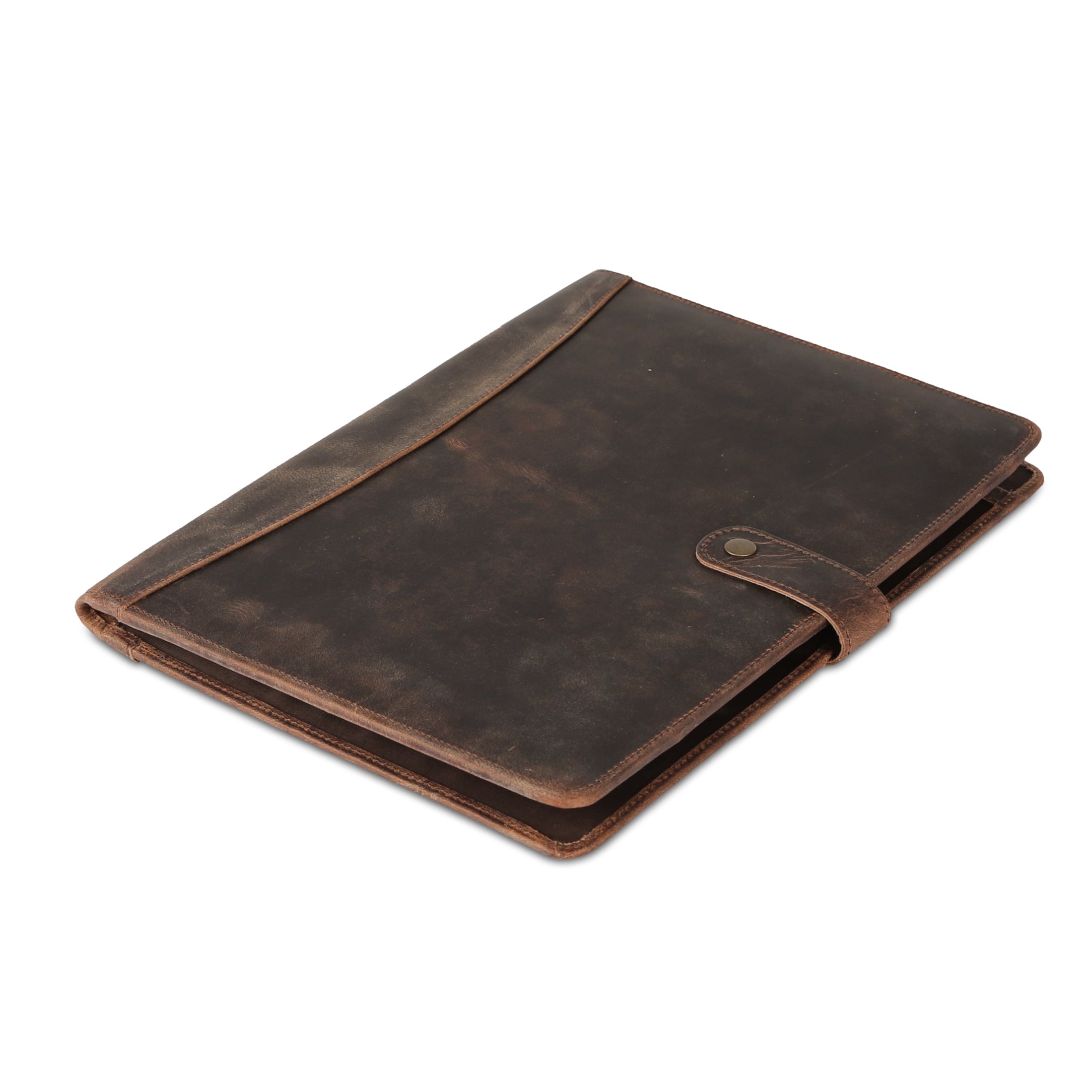 KomalC Leather Portfolio Folder with Button Closure | Business Padfolio for Professionals | Vintage Full-Grain Leather Organizer with Legal Pad Holder, Card Slots & Document Pockets (Distressed Tan)