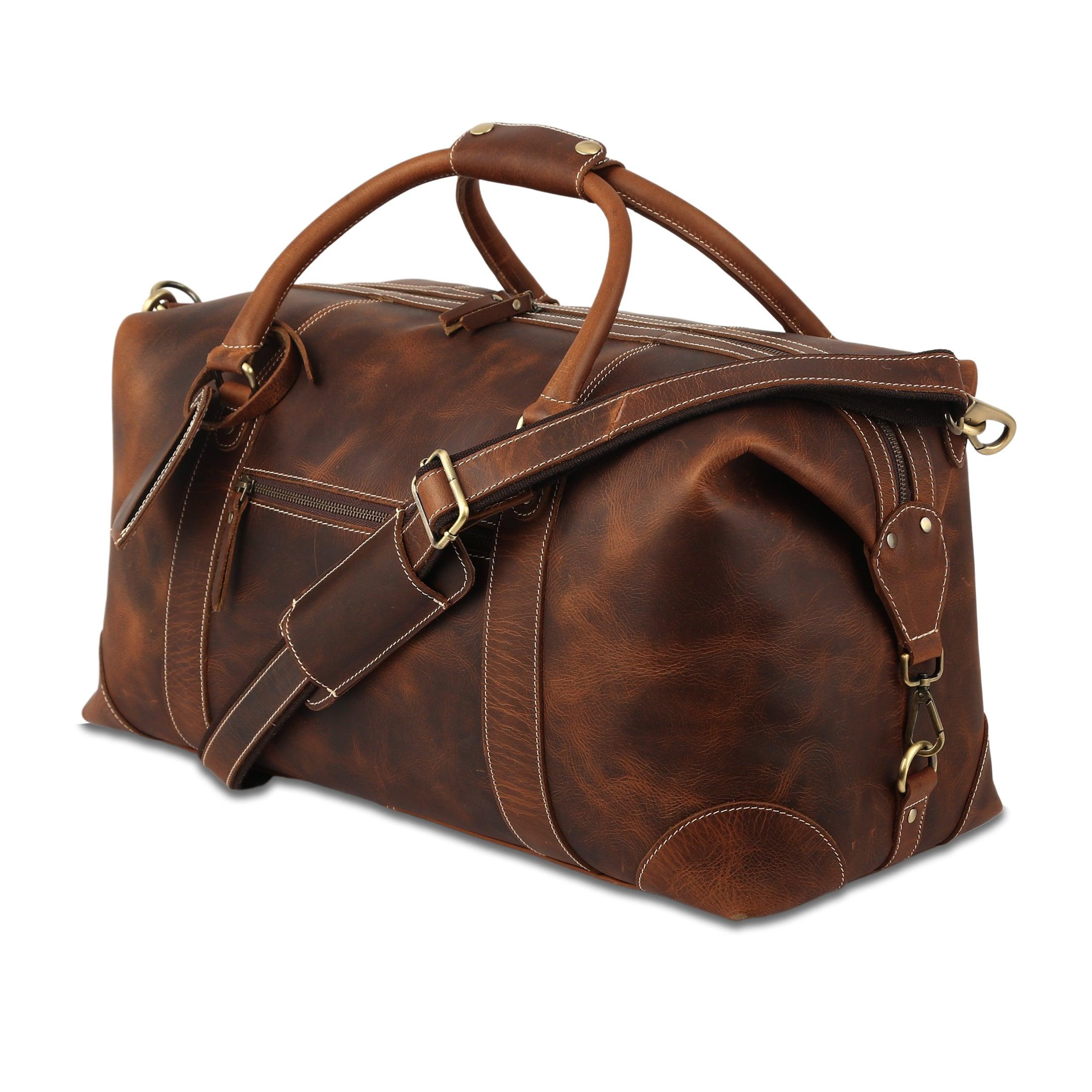 Leather Duffel Bag for Men and Women - Full Grain Leather Travel, Gym, Sports, Overnight, and Weekend Bag (Dark Tan)