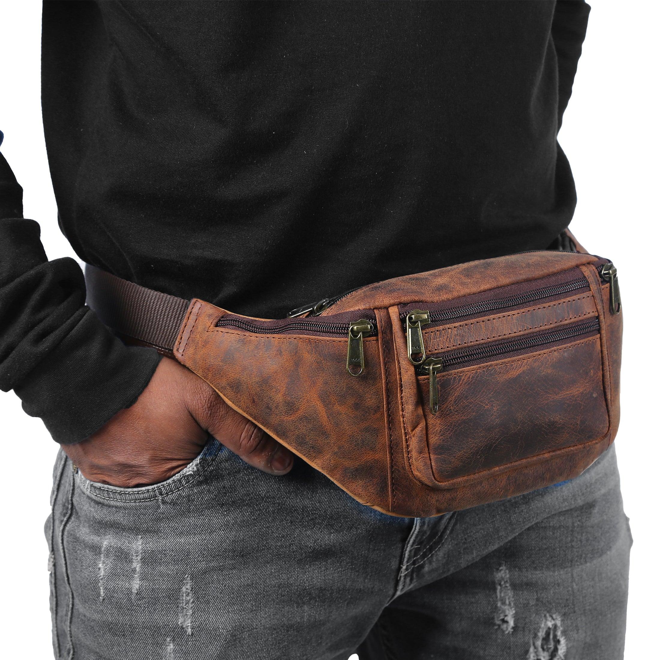 Premium Buffalo Leather Fanny Pack Waist Multifunction Hip Bum Bag Travel Pouch for women and men Adjustable with Multiple Pockets Sturdy Zippers Ideal for travel Hiking Running And Cycling