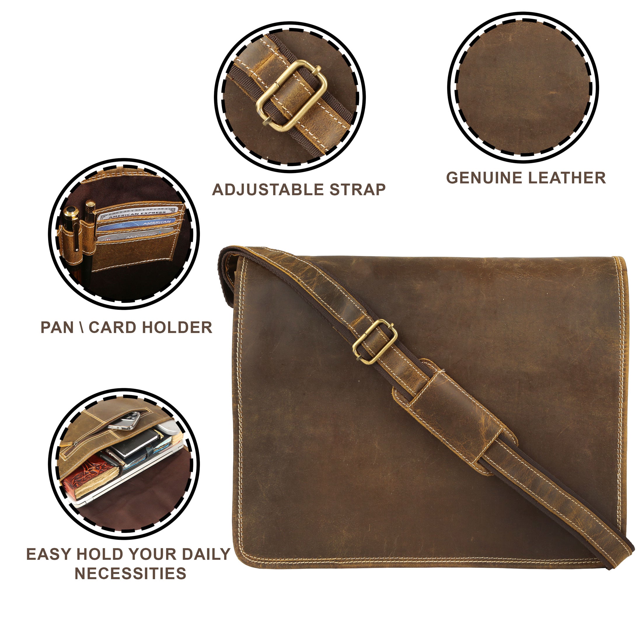 16 Inch Leather Messenger Bag for Men & Women – Vintage Laptop Satchel with Trolley Strap & Shoulder Strap – Fits 15.6" Laptop