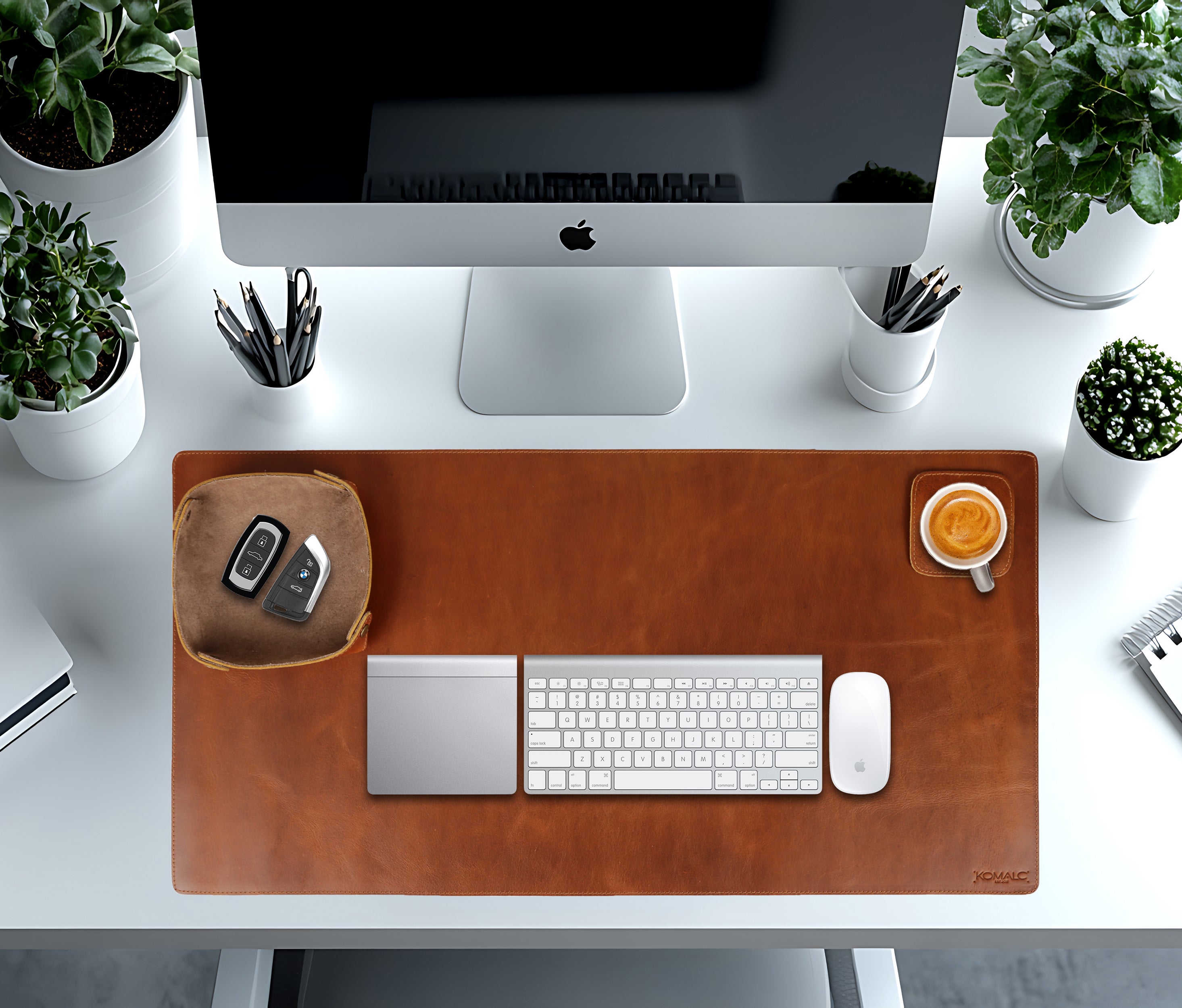 Full Grain Leather Desk Mat Set – 31" × 15" Leather Desk Pad with Accessory Tray & Coaster | Thick 3mm Desk Protector, Writing Pad & Office Organizer – Orange