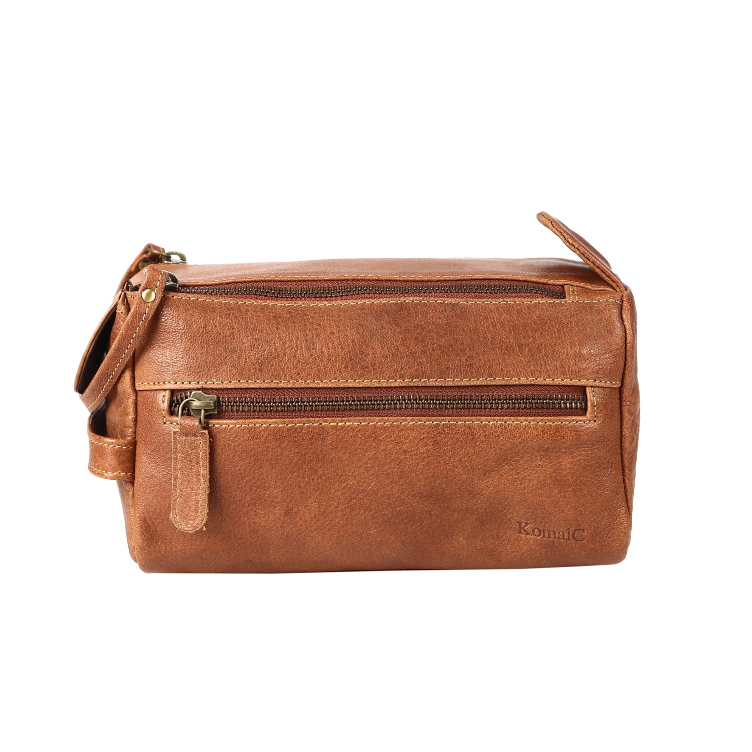 leather toiletry bag with YKK metal zippers