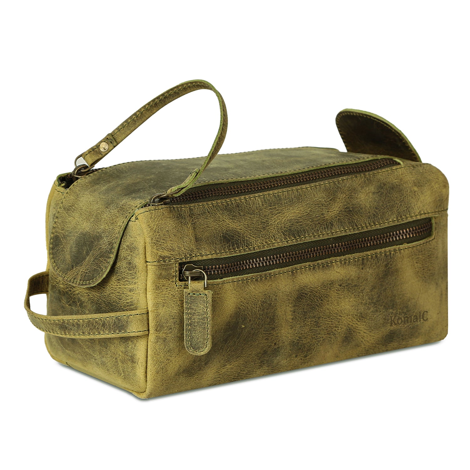 Genuine Buffalo Leather Toiletry Bag – Unisex Travel Dopp Kit (Distressed Green)