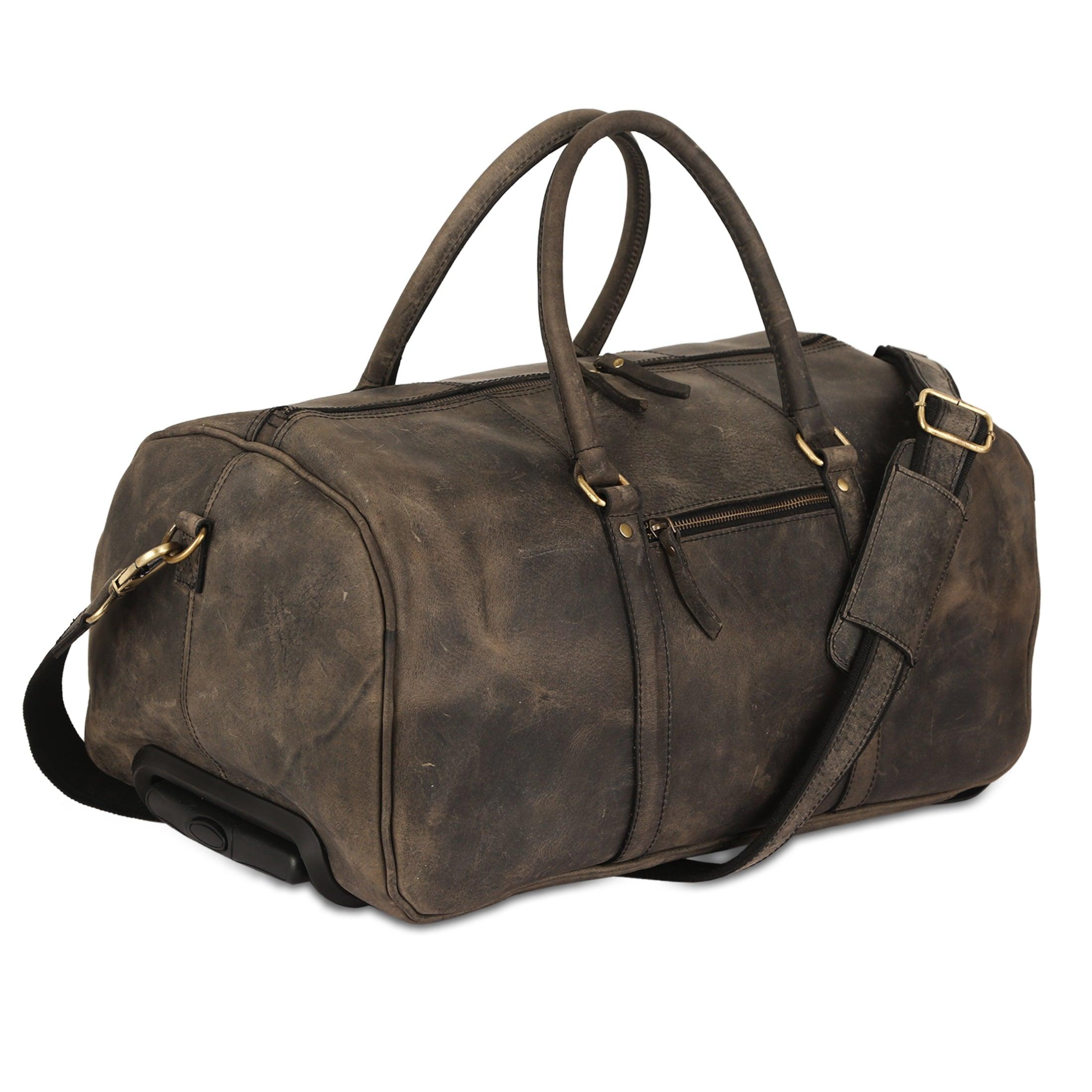 21-inch leather travel duffel bag with wheels having adjustable and detachable strap