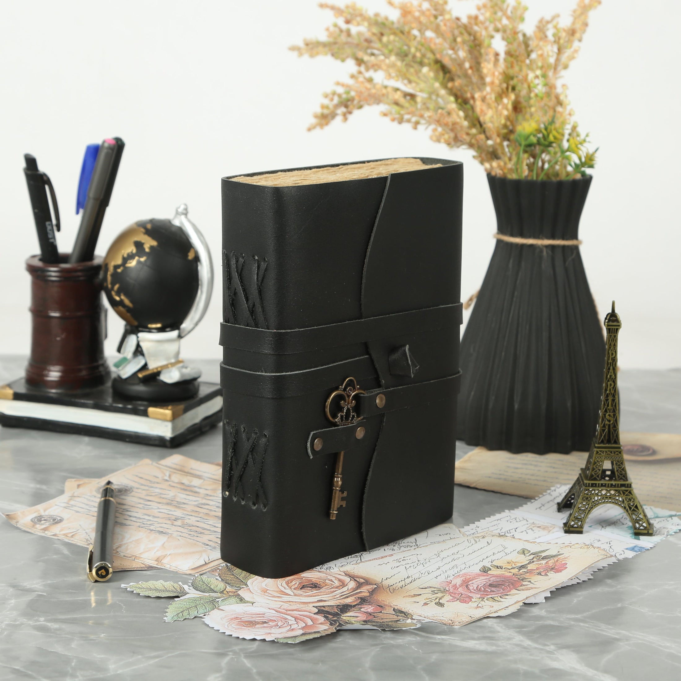 Leather Journal with unlined Deckle Edge Paper Vintage Key/ Handmade Writing Notebook Diary/ Bound Daily Notepad for Men & Women (Black)