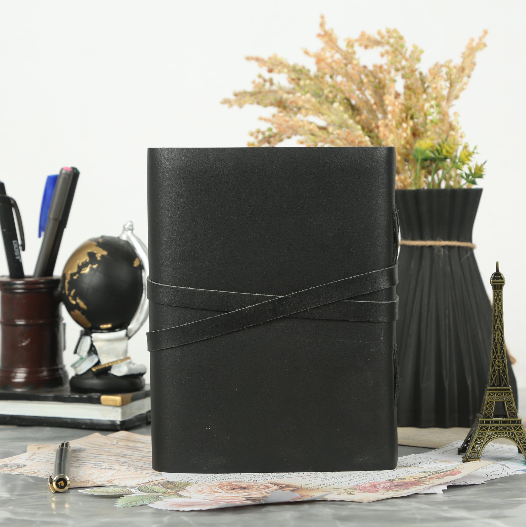 Leather Journal with unlined Deckle Edge Paper Vintage Key/ Handmade Writing Notebook Diary/ Bound Daily Notepad for Men & Women (Black)