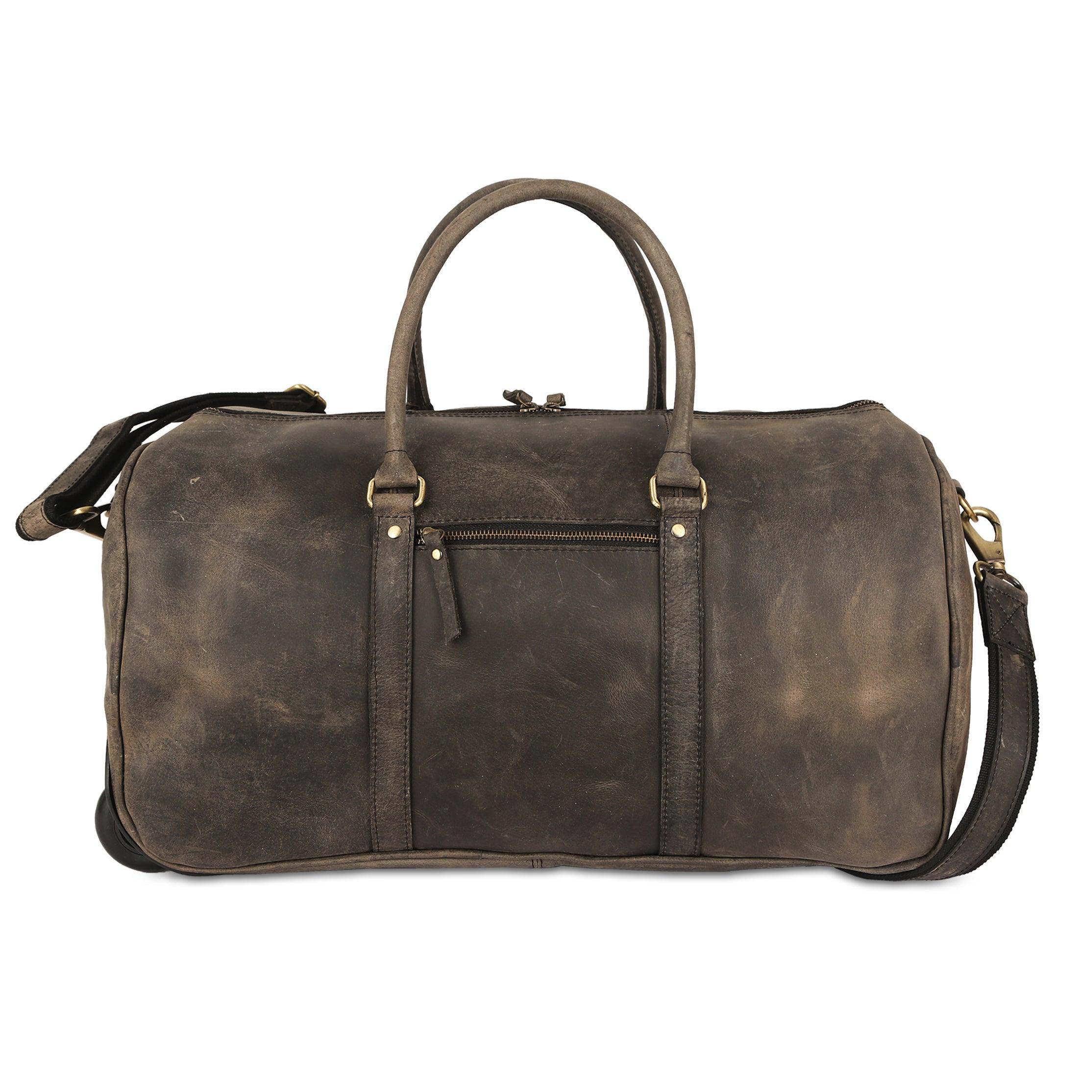 Handcrafted leather overnight duffle bag with wheels for men and women