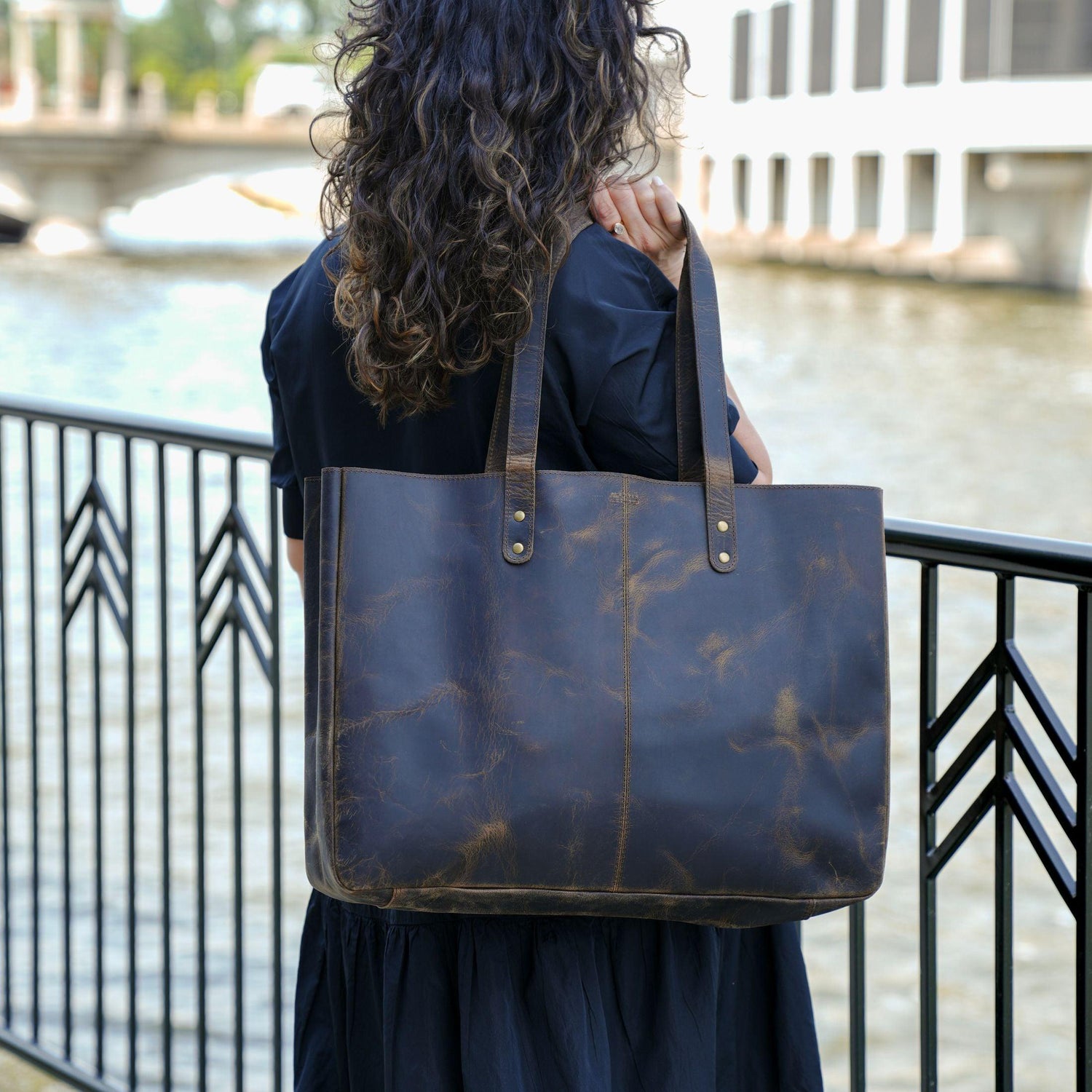 Distressed tan leather tote bag