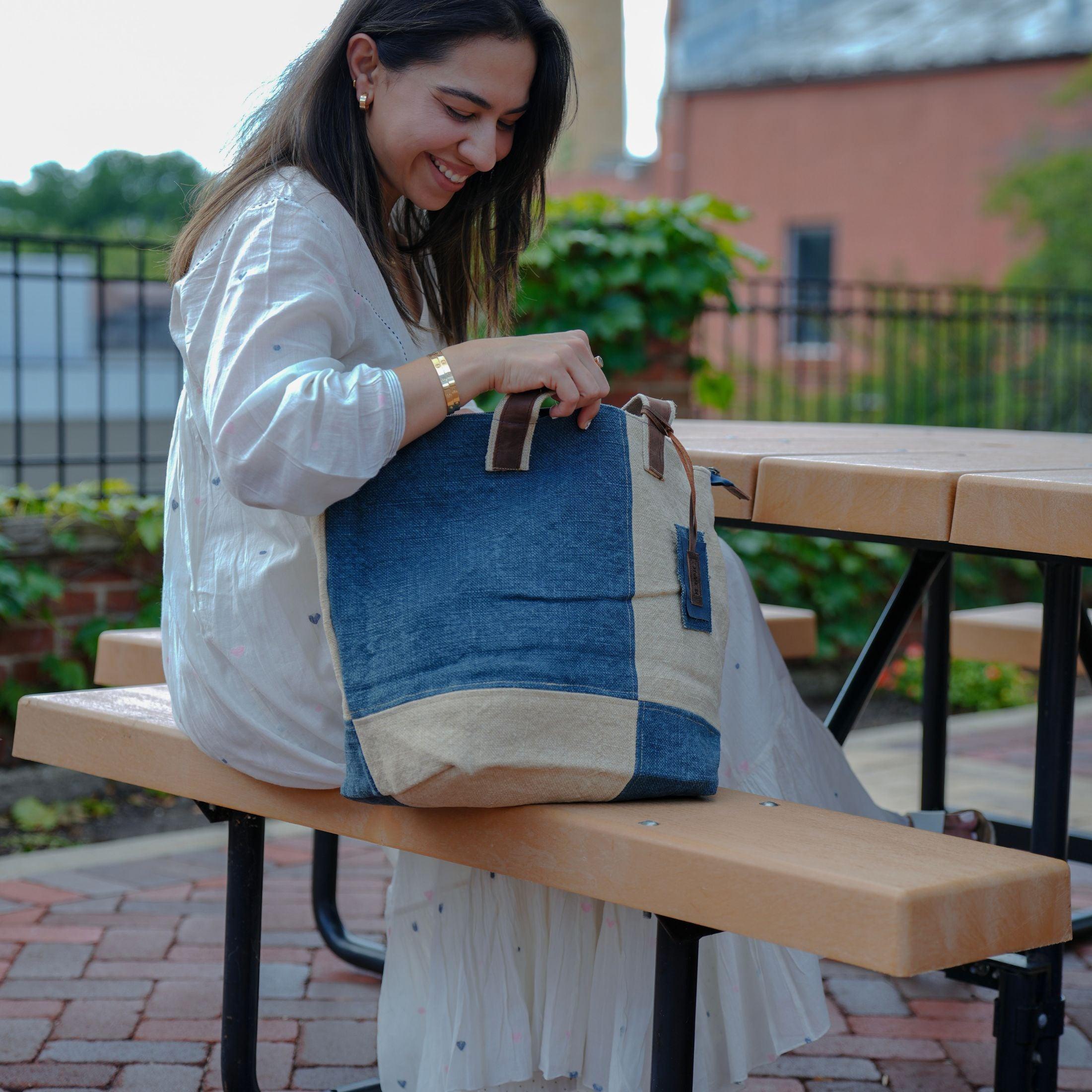 KomalC Tote Bag for Women – Stylish Two-Tone Jute & Leather Bag, Eco-Friendly and Perfect for Daily Use (Delphinium)