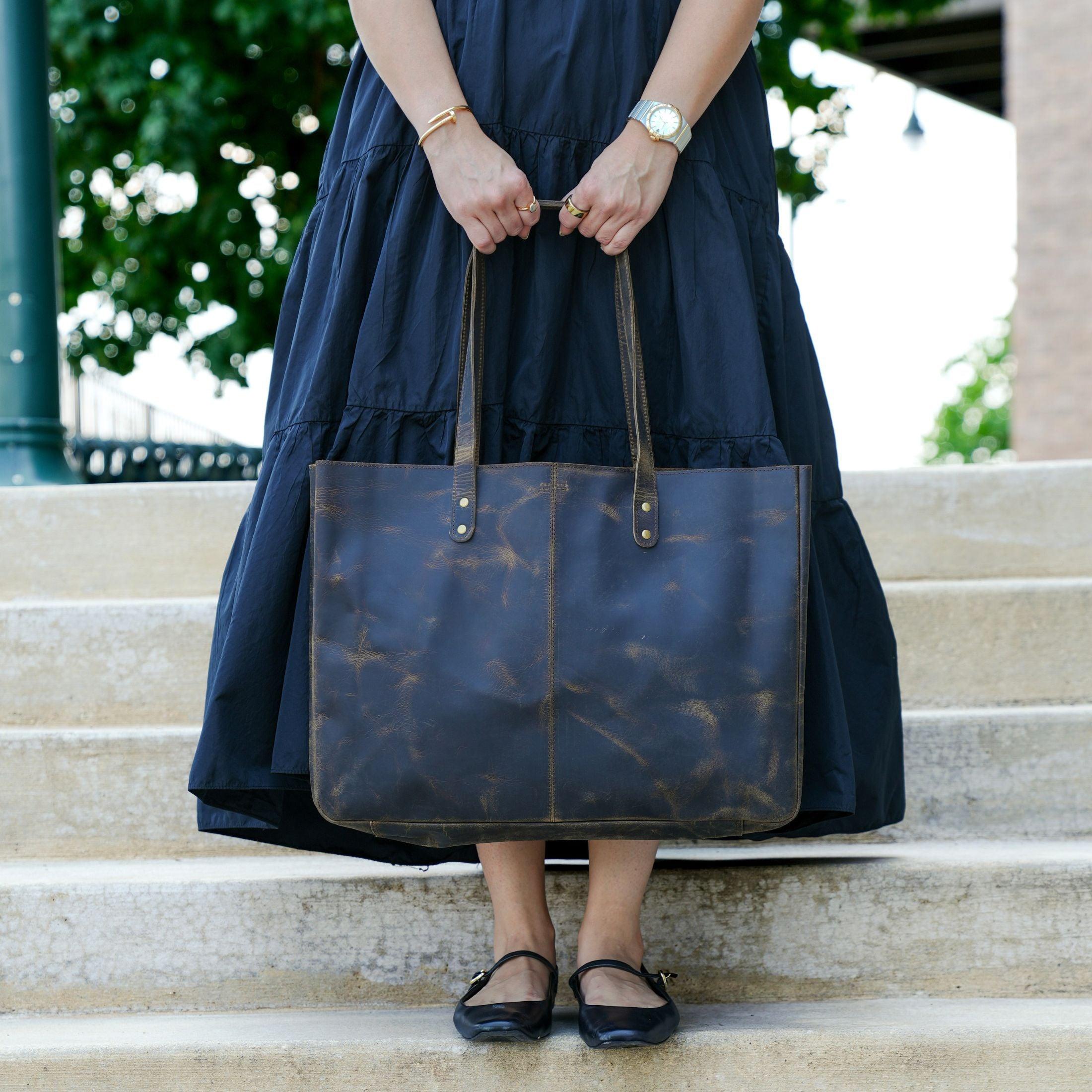 Vintage online Distressed Genuine Leather Large Blue Shoulder Tote Bag