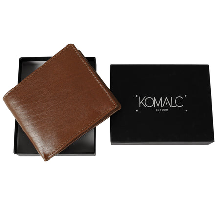 KomalC Men’s Tan Leather Wallet – Slim Bifold RFID-Blocking Wallet for Men with 6 Card Slots, 2 Slip Pockets & Cash Compartment – Vintage Genuine Leather Minimalist Wallet