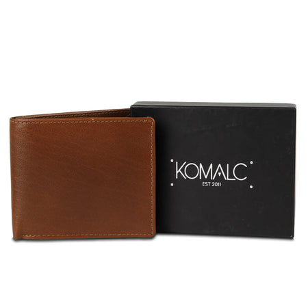 KomalC Men’s Tan Leather Wallet – Slim Bifold RFID-Blocking Wallet for Men with 6 Card Slots, 2 Slip Pockets & Cash Compartment – Vintage Genuine Leather Minimalist Wallet