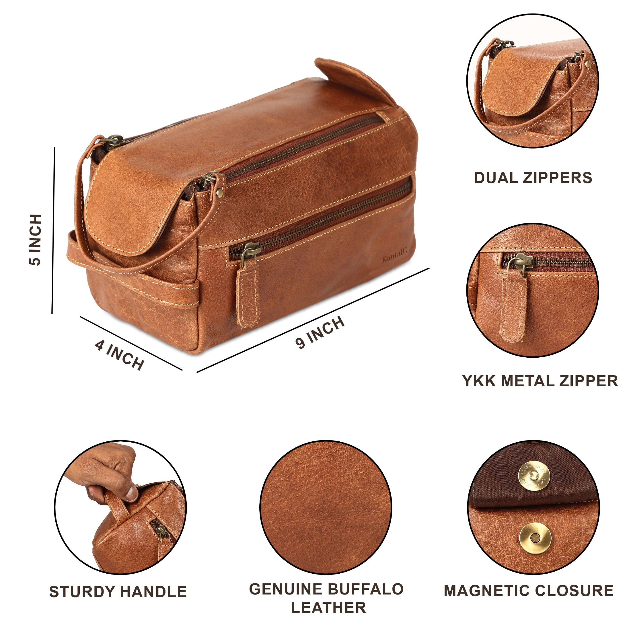 leather toiletry kit for men and women with YKK metal zippers 