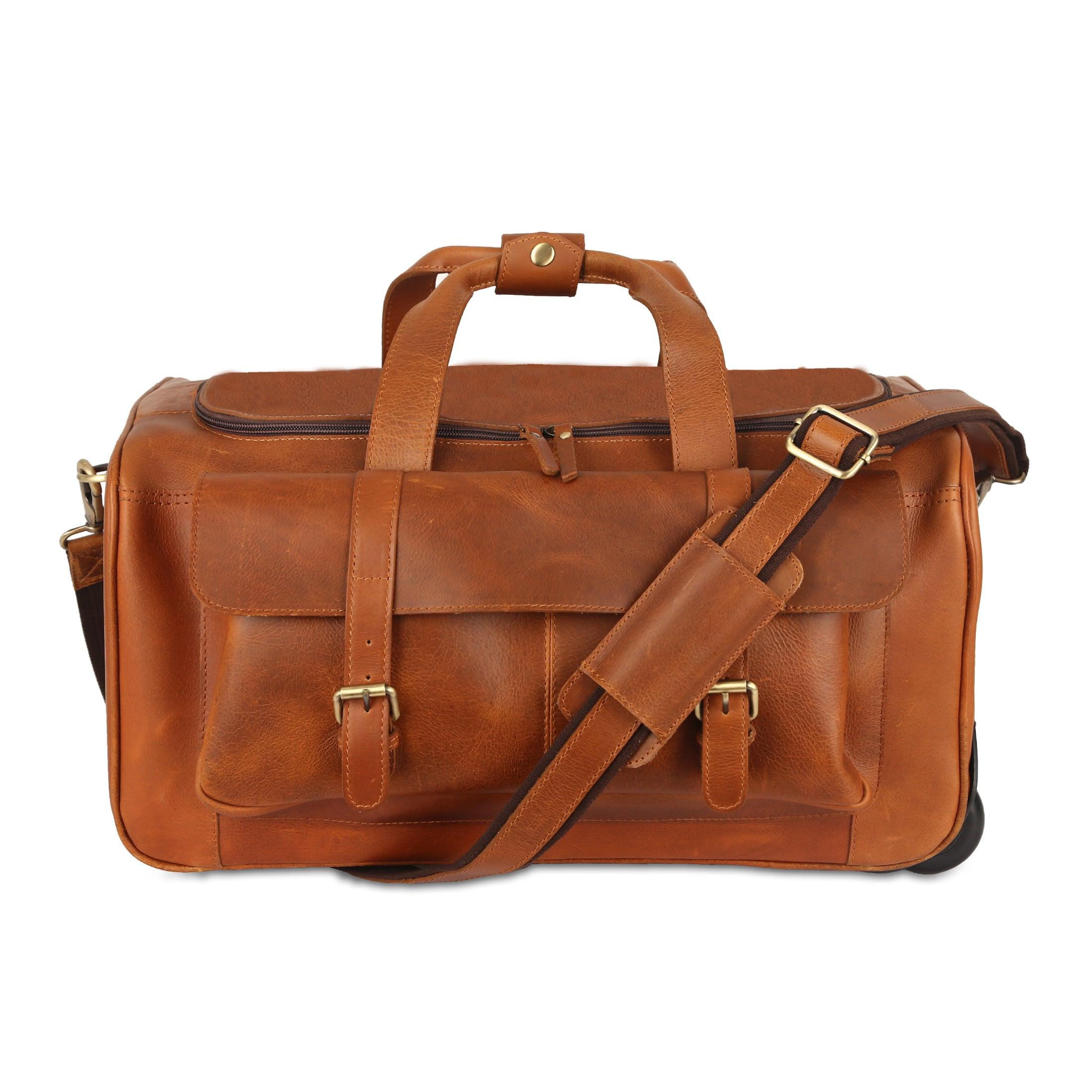 21-inch leather rolling duffel bag with wheels having adjustable and detachable strap