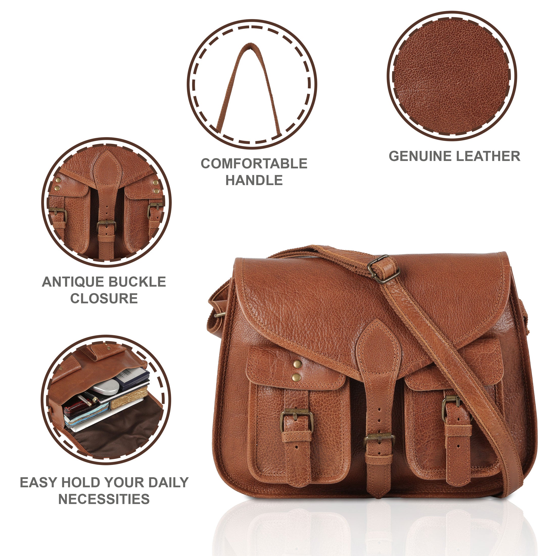 14-Inch Genuine Leather Shoulder Bag for Women – Crossbody Satchel, Ladies' Tote & Travel Purse