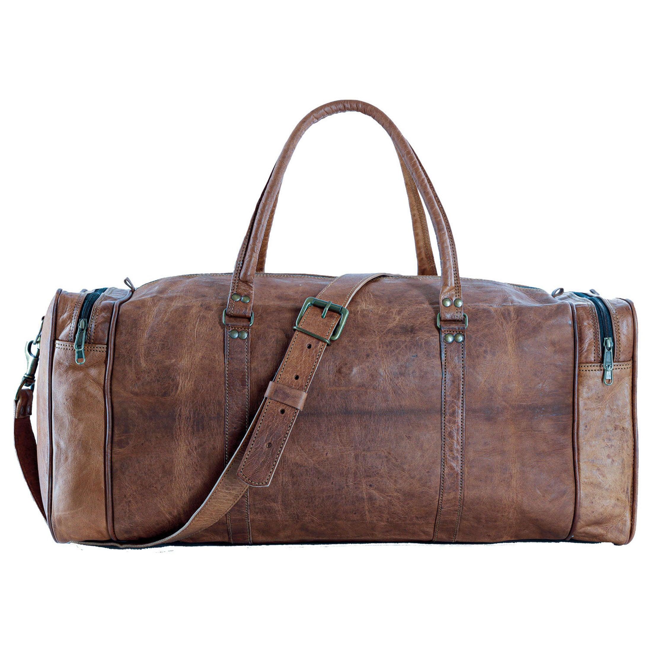 24-inch square leather duffel bag with adjustable strap and sturdy handle