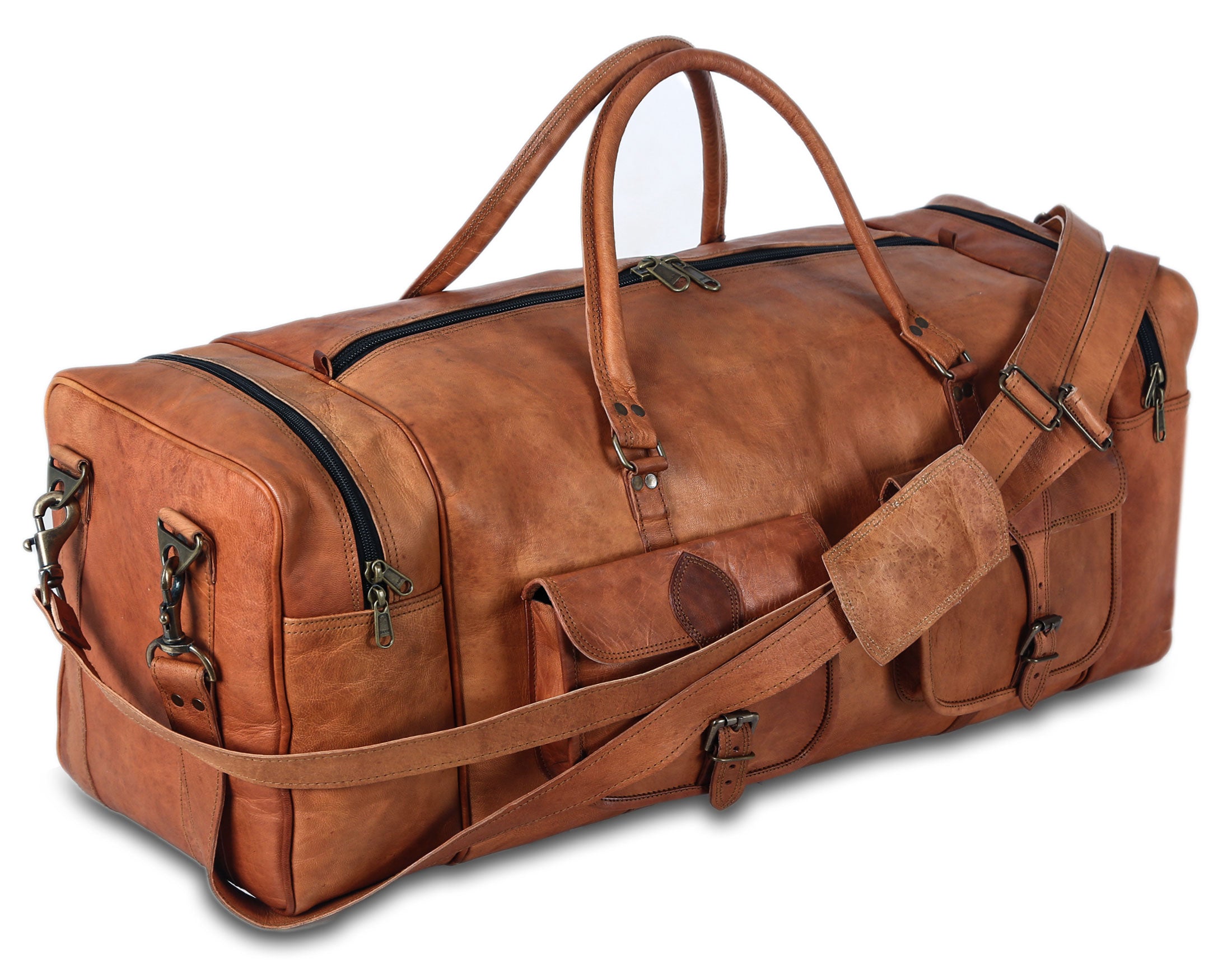 Brown Leather Duffle Bags for Mens & Womens Travel with Free Toiletry Bag -  Large Weekend Carry On Duffel Bag for Vintage Weekender Overnight Gym