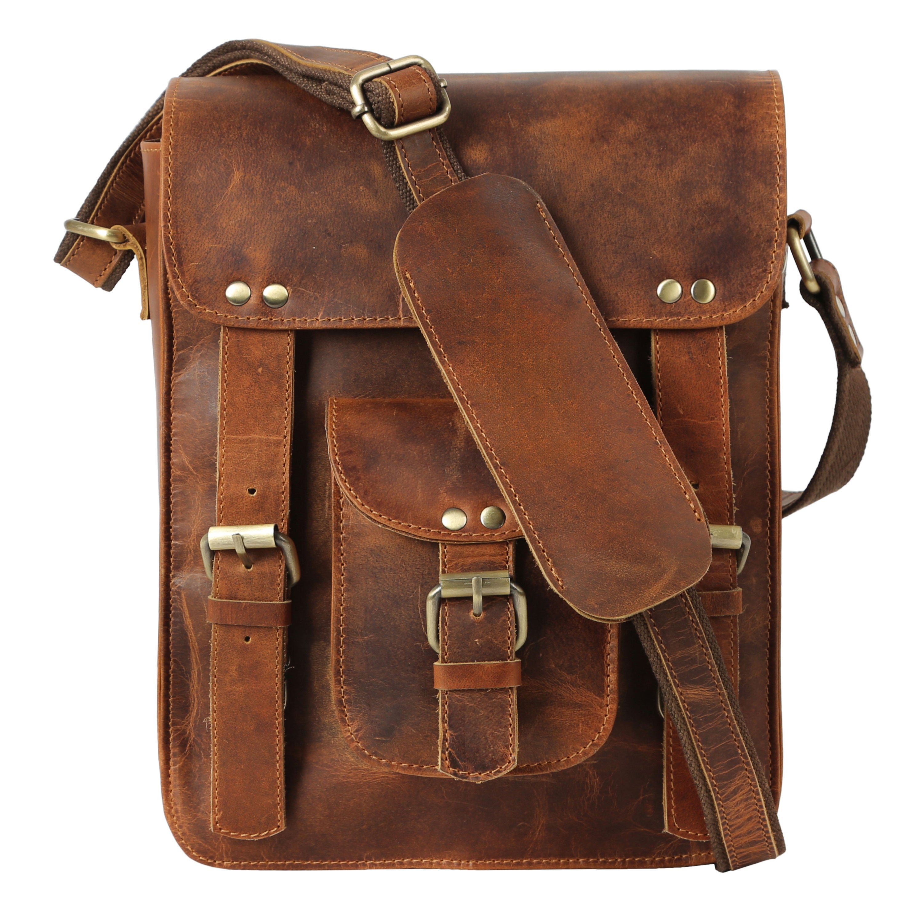 KomalC Genuine Leather 11 Inch Crossbody Satchel Bag – Vertical Shoulder Bag with Front Pocket, Zipper Compartments & Tablet Sleeve | Handmade Small Messenger Purse for Men & Women