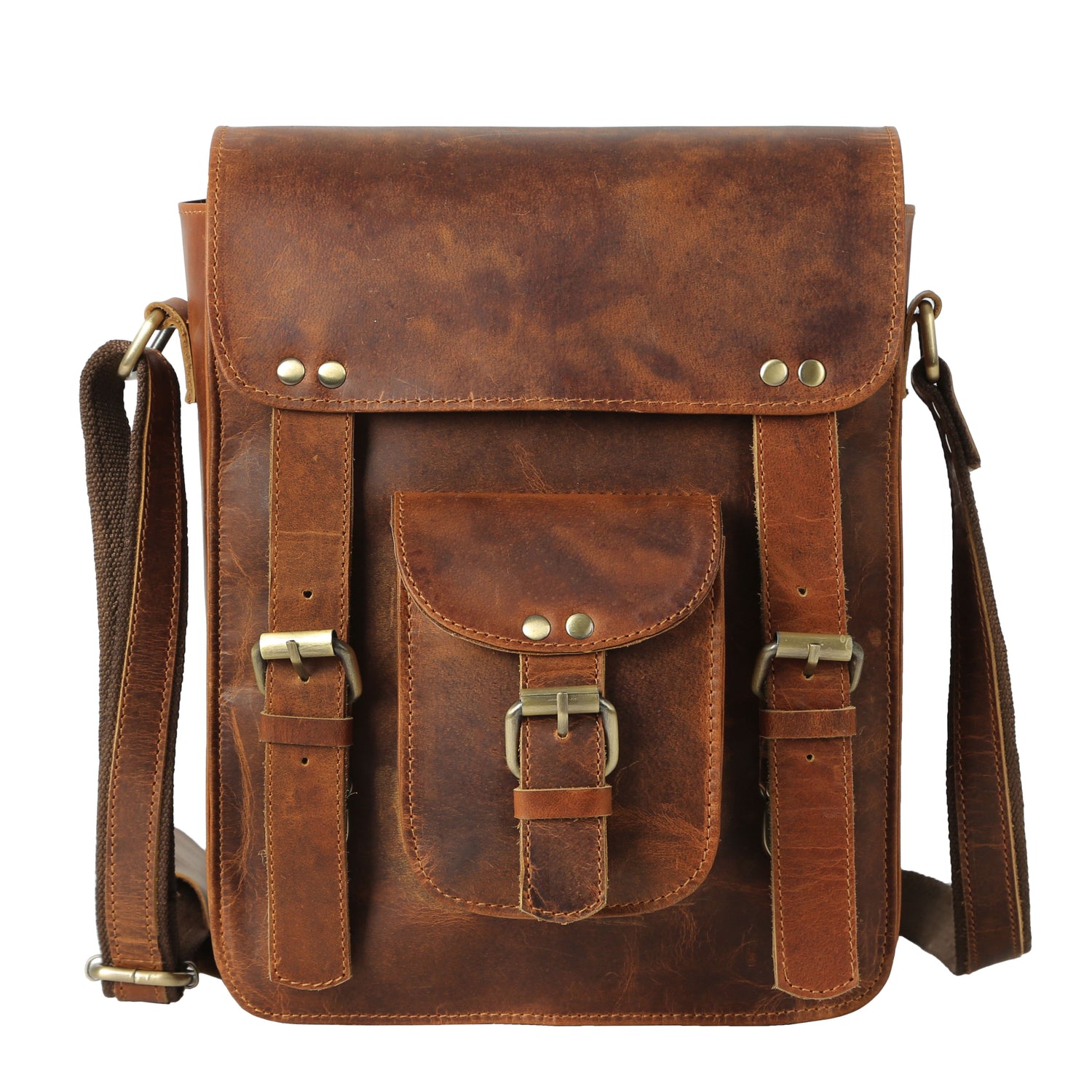 KomalC Genuine Leather 11 Inch Crossbody Satchel Bag – Vertical Shoulder Bag with Front Pocket, Zipper Compartments & Tablet Sleeve | Handmade Small Messenger Purse for Men & Women