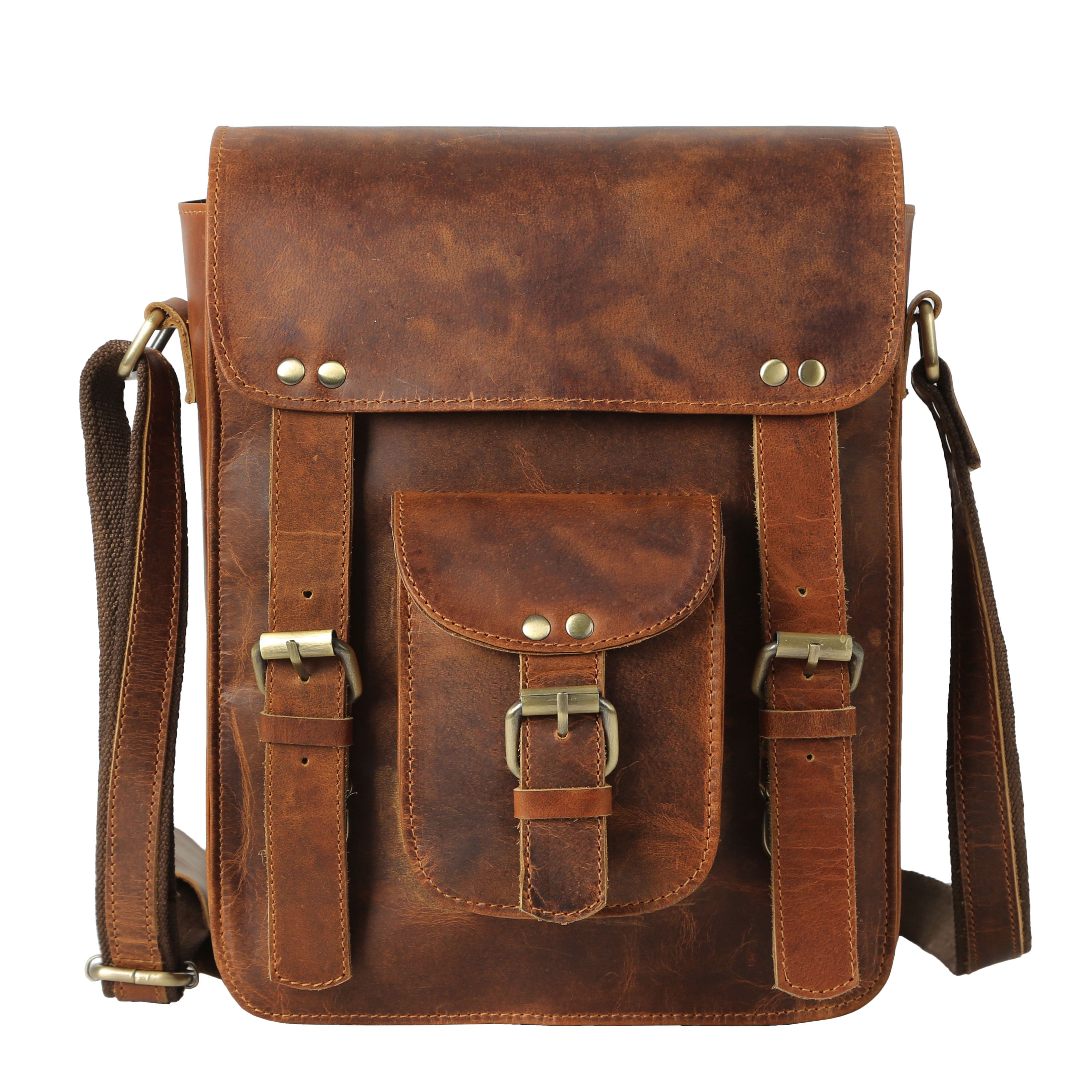 KomalC Genuine Leather 11 Inch Crossbody Satchel Bag – Vertical Shoulder Bag with Front Pocket, Zipper Compartments & Tablet Sleeve | Handmade Small Messenger Purse for Men & Women