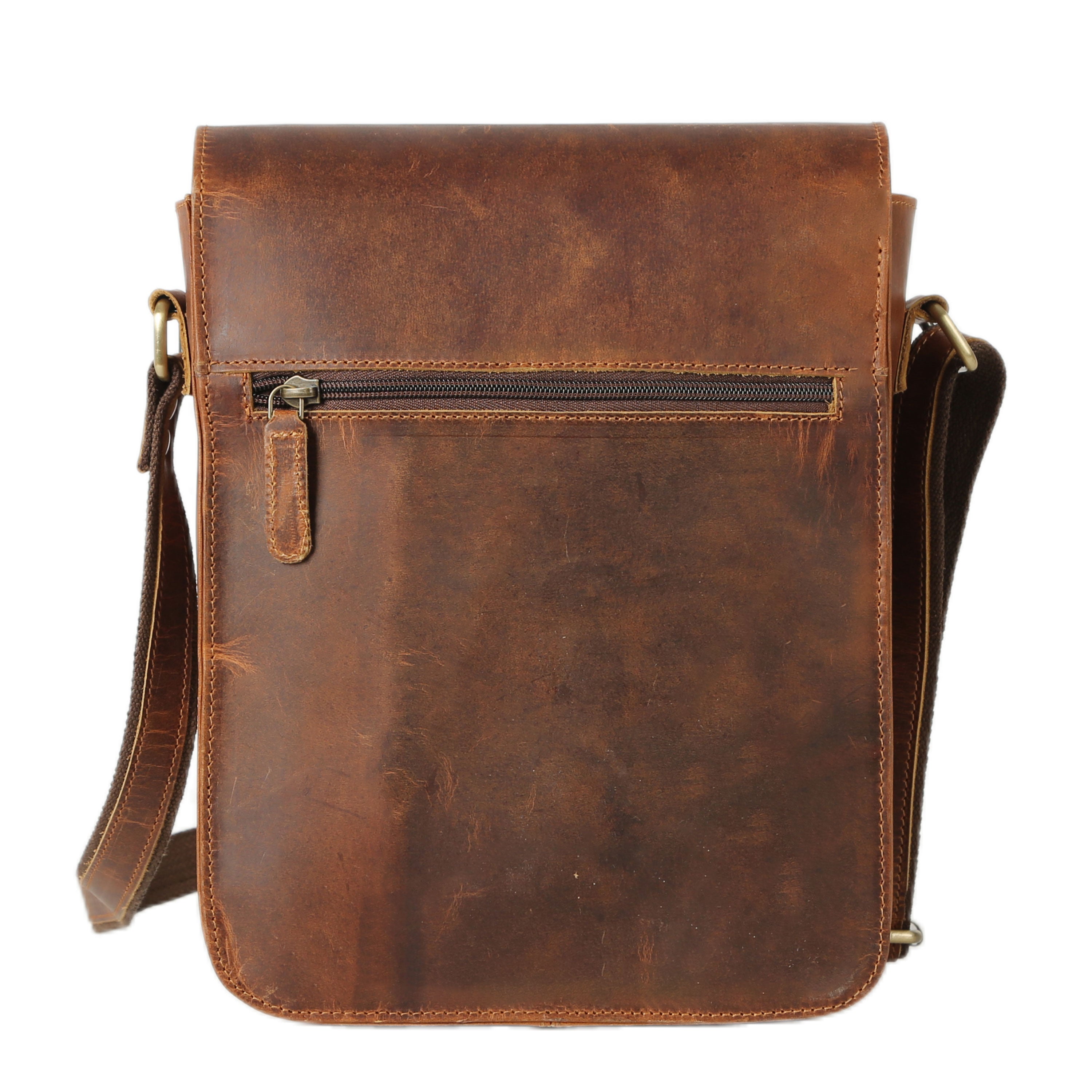 KomalC Genuine Leather 11 Inch Crossbody Satchel Bag – Vertical Shoulder Bag with Front Pocket, Zipper Compartments & Tablet Sleeve | Handmade Small Messenger Purse for Men & Women